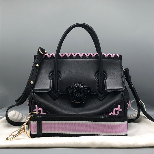 Versace La Medusa Black/Pink Leather Small Tote Bag