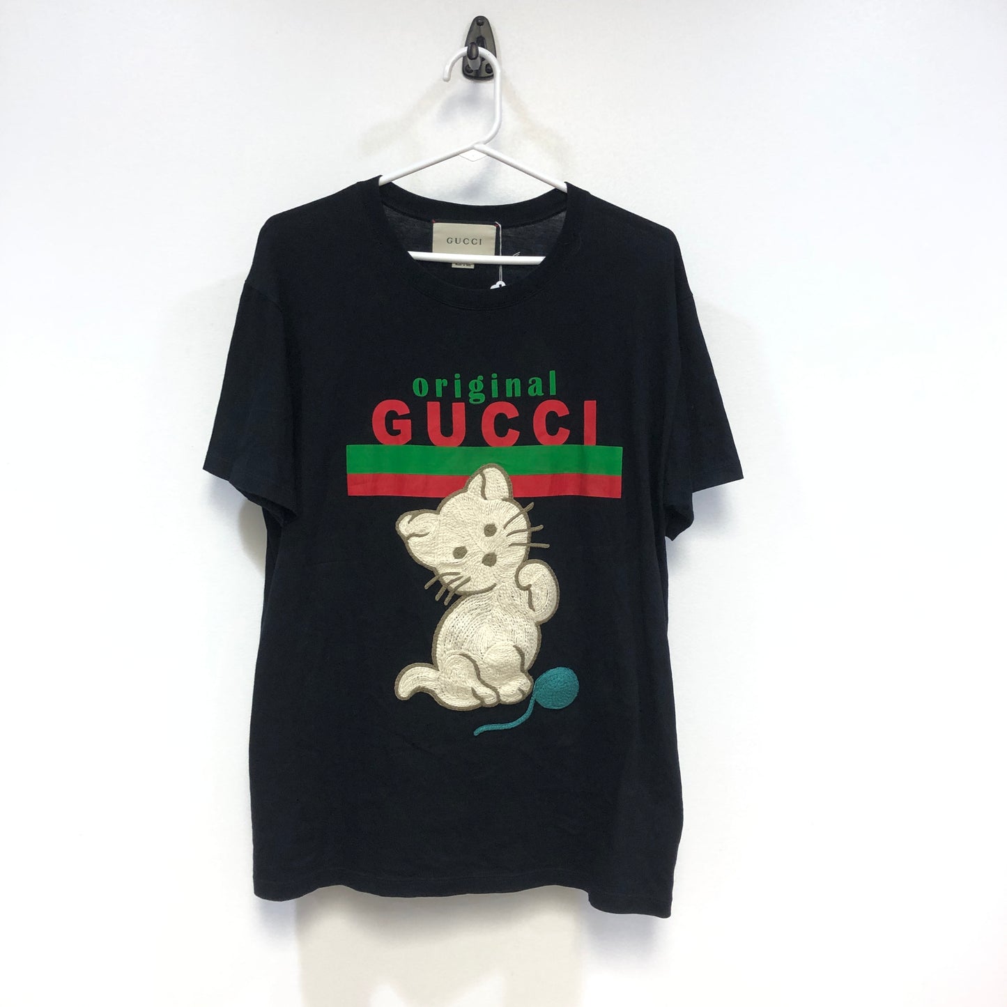 Gucci Web Stripe Kitten Print Short Sleeve Cotton T-Shirt Size S Black
