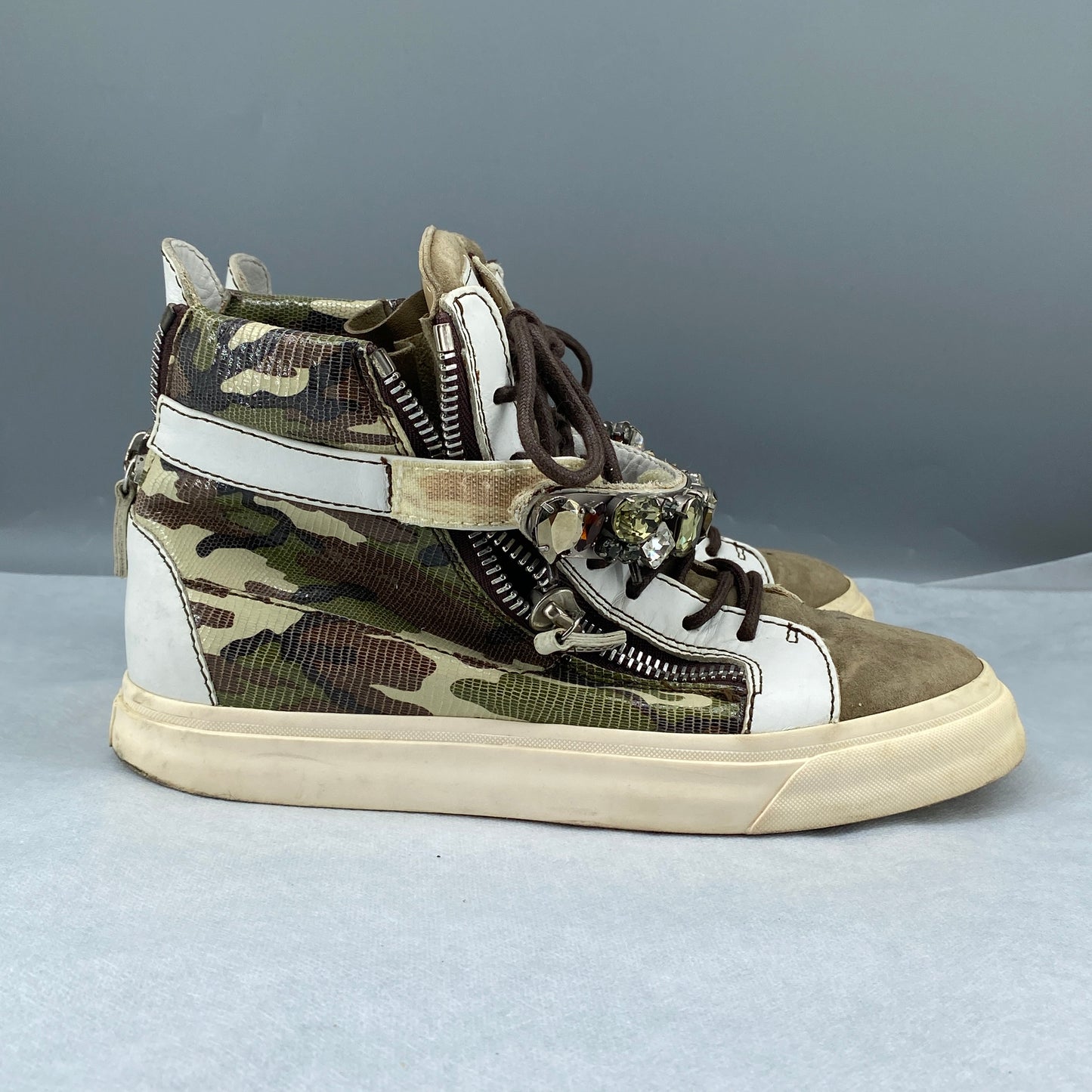 Giuseppe Zanotti Camo Canvas White Suede High Top Sneakers Size 37