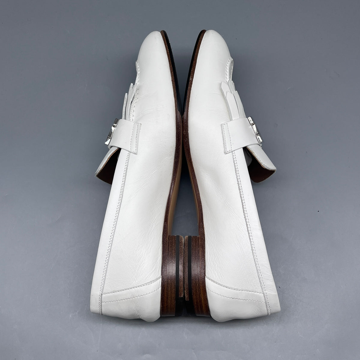 Hermes White Leather Women Fringe Loafers Size 36.5