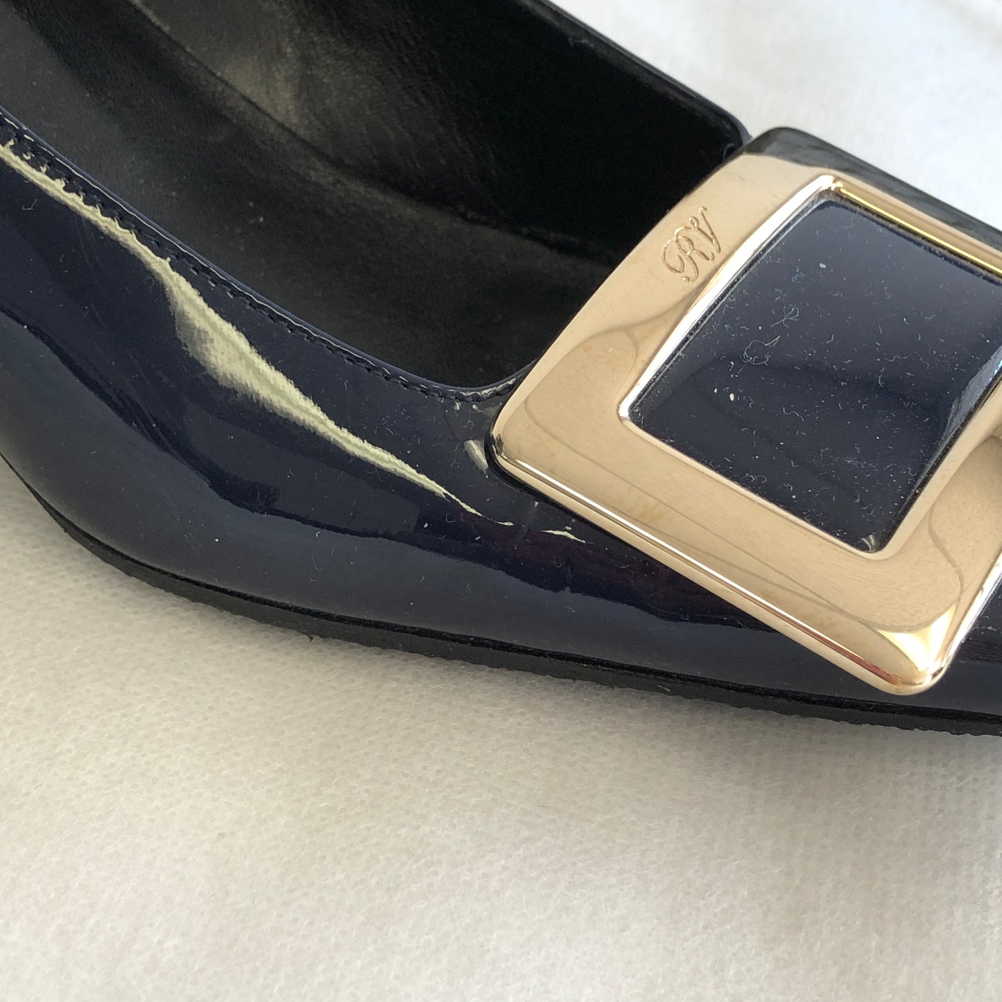 Roger Vivier Navy Patent Leather Square‑Buckle Block Heel Shoes size 35 1/2