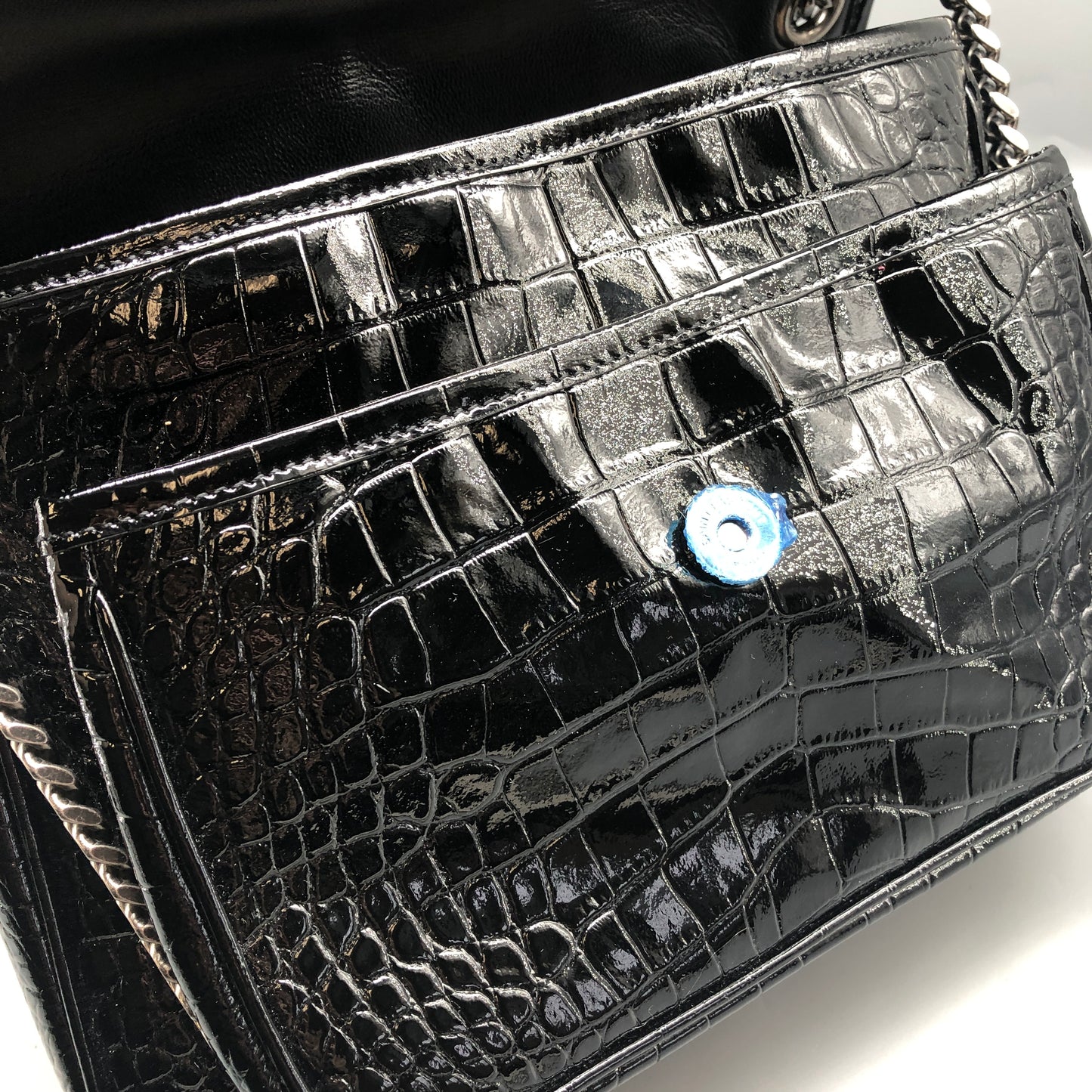 Saint Laurent Patent Crocodile Embossed Medium Niki Chain Satchel Bag