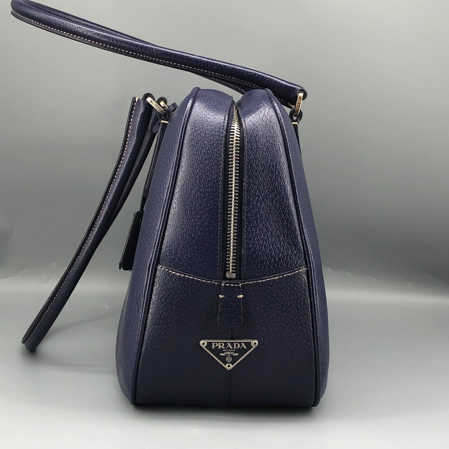 Prada Bauletto Medium Pebbled Leather Handbag  Ink Blue