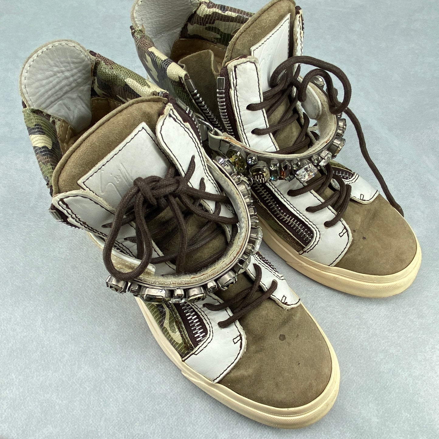 Giuseppe Zanotti Camo Canvas White Suede High Top Sneakers Size 37