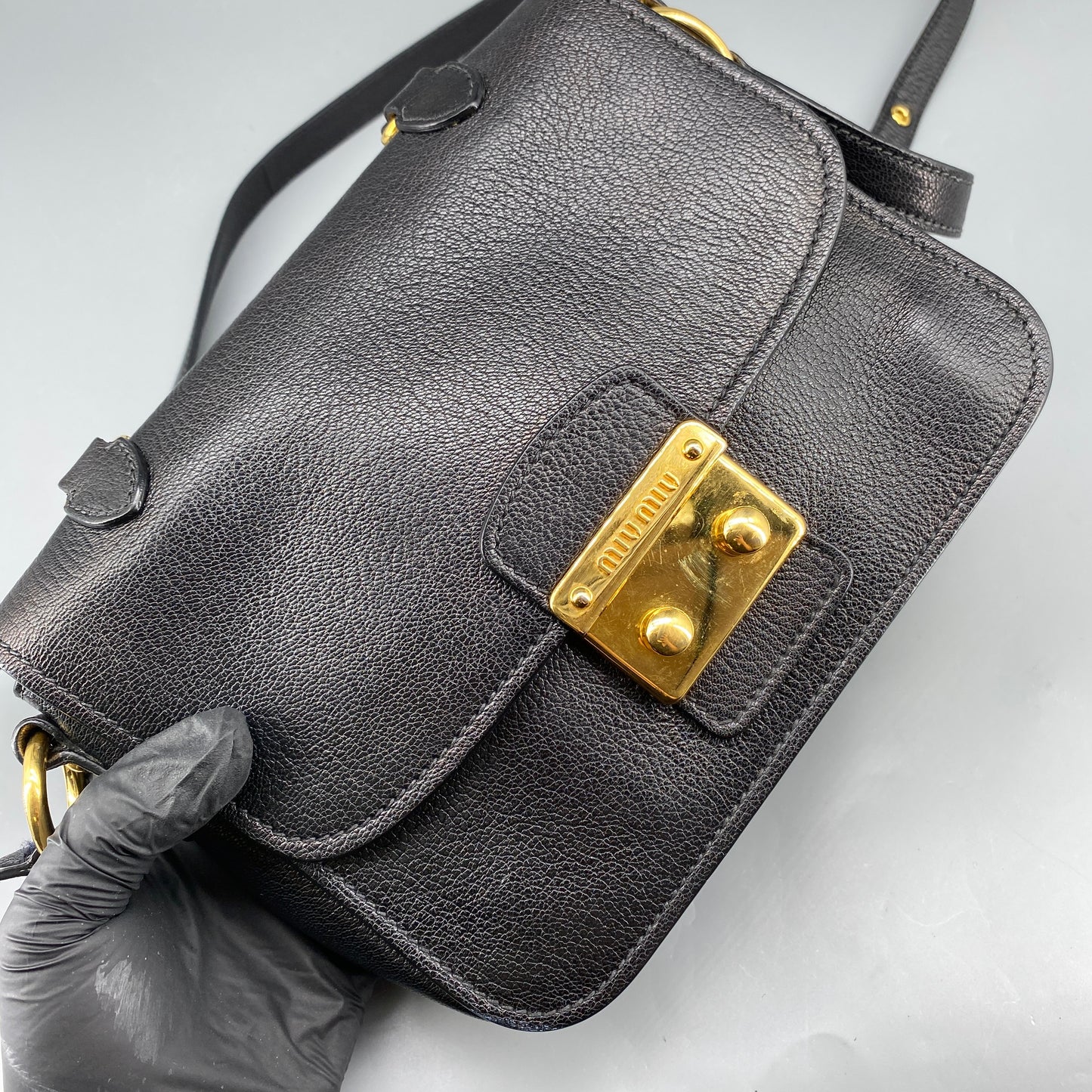 Miu Miu Black Leather Metal Lock Flap Crossbody Bag
