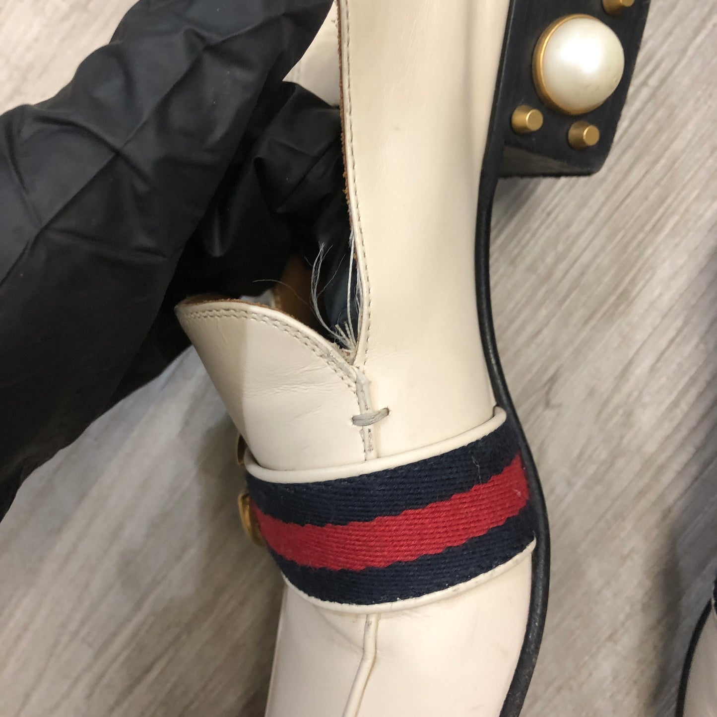 Gucci Women's Web Stripe Pearl Heel Mule Slip On Loafer Shoes 36.5 Cream Red Green