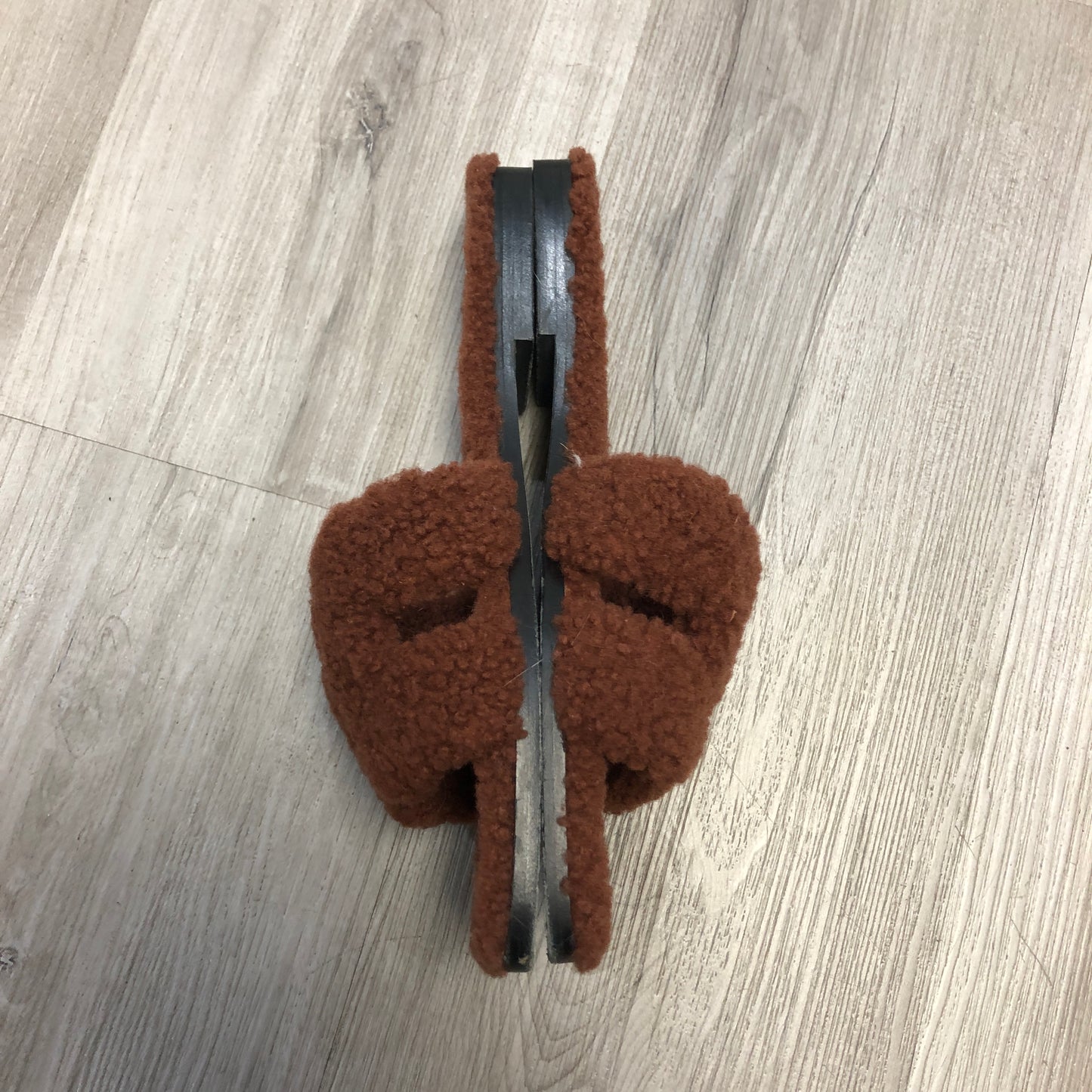 Hermes Women's Oran Teddy Shearling Slide Sandal Shoes 38.5 Brown