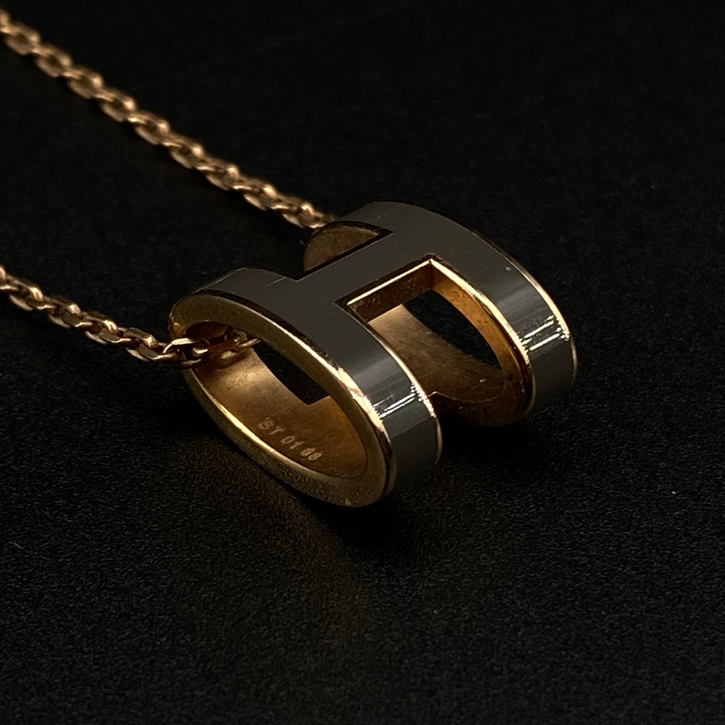 Hermes Grey Enamel Gold H Pendant Necklace