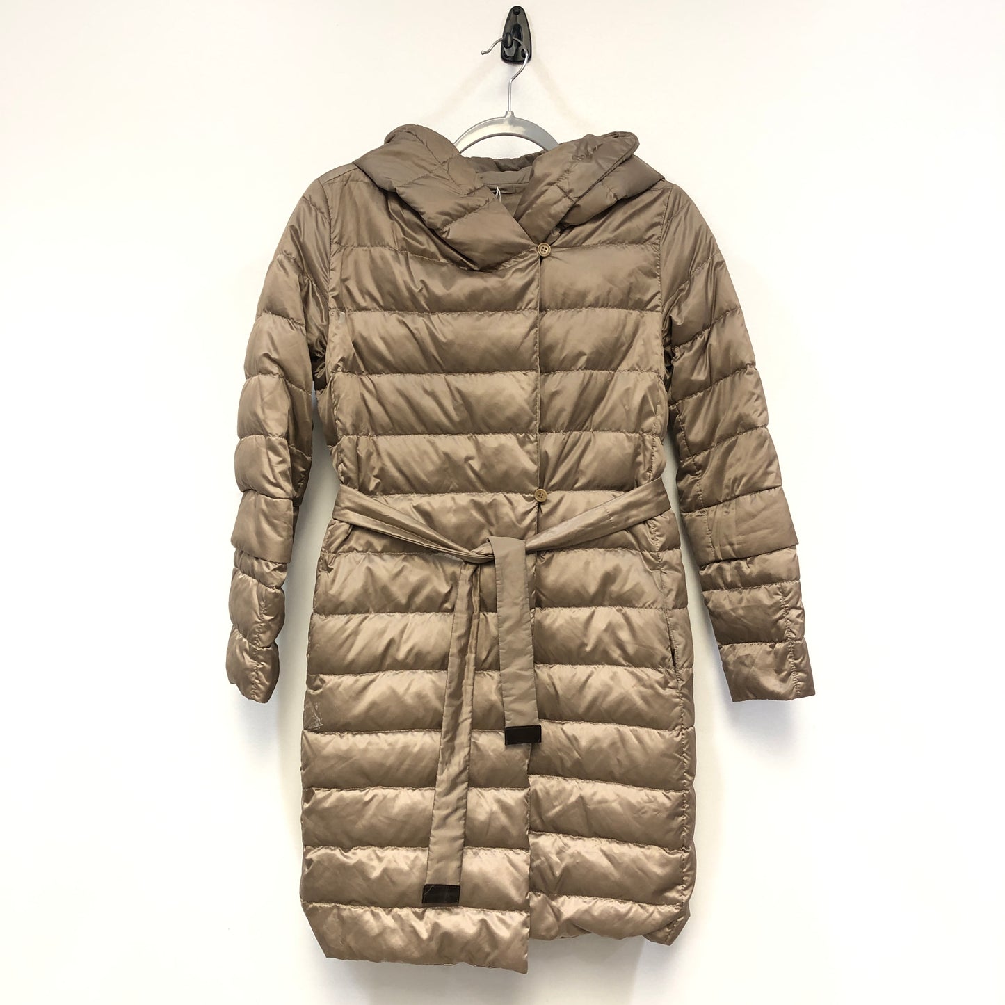 ‘S Max Mara Beige Lightweight Hooded Belted Down Mid-Length Coat Size 2