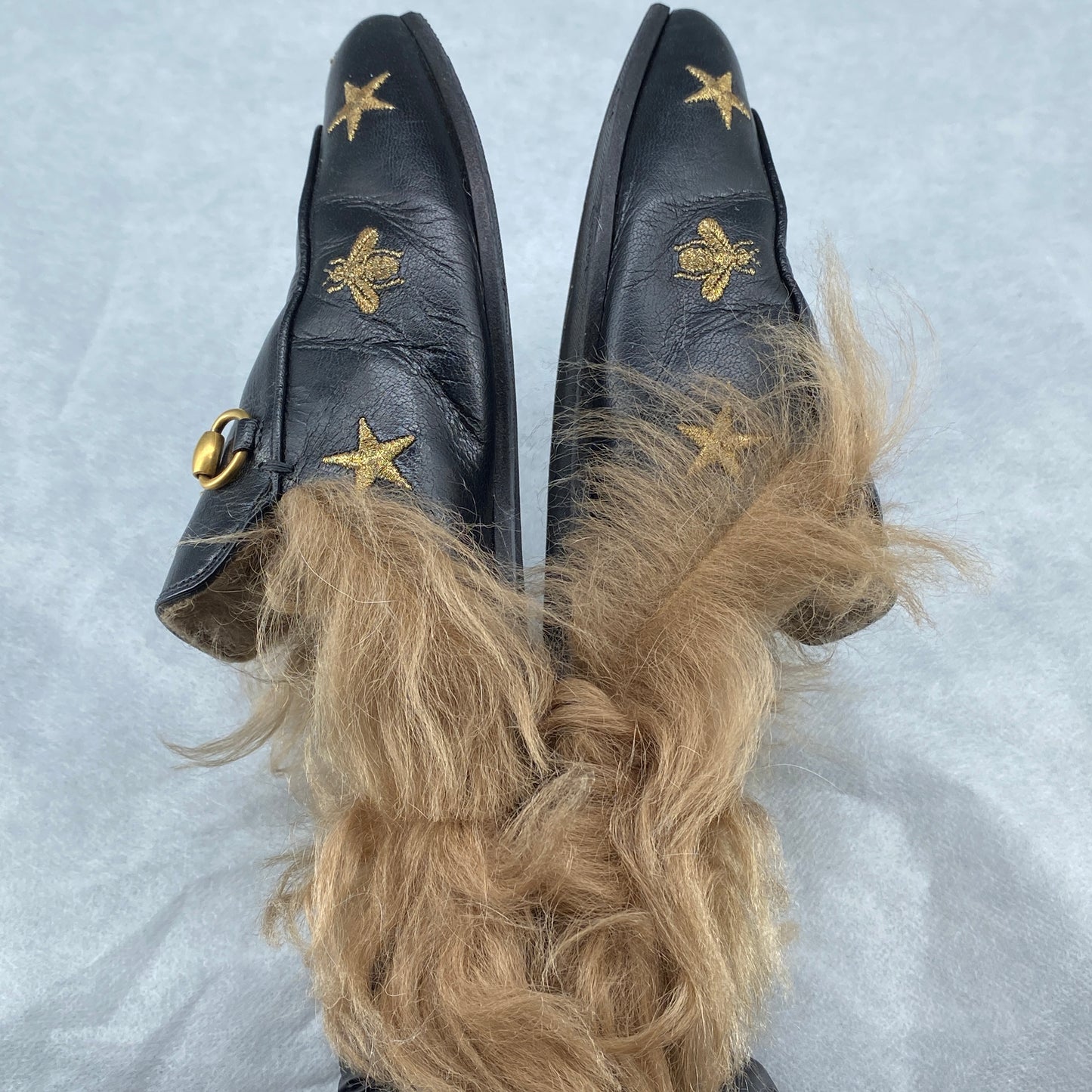Gucci Women's  Black Leather Star Embroidery Horsebit Fur Lined Backless Mule Loafers Outsole 26cm