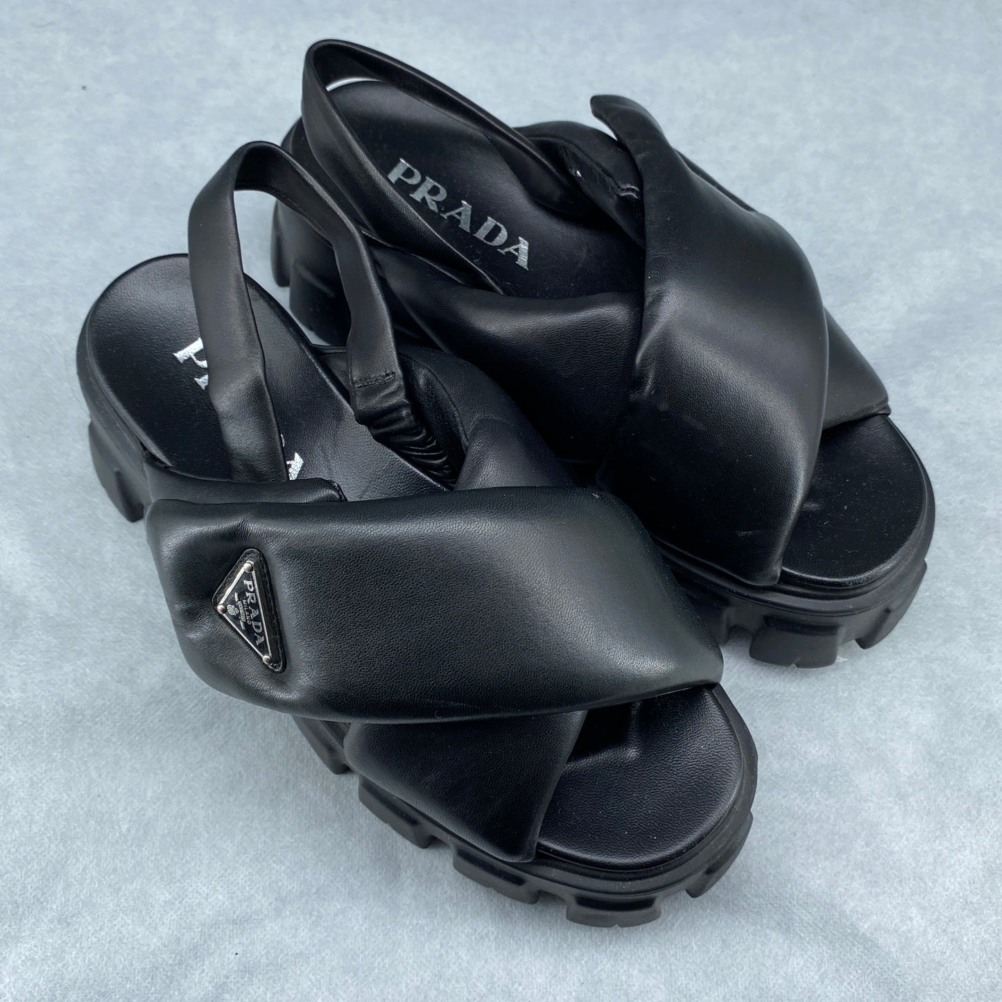 Prada Women's Black Leather Cross Strap Lug Sole Back Strap Platform Sandals Size 38