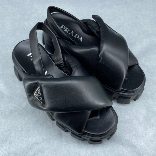 Prada Women's Black Leather Cross Strap Lug Sole Back Strap Platform Sandals Size 38