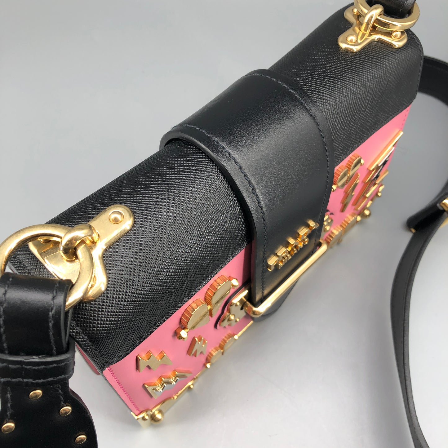 Prada Cahier Studded Leather Crossbody Shoulder Bag Pink Black