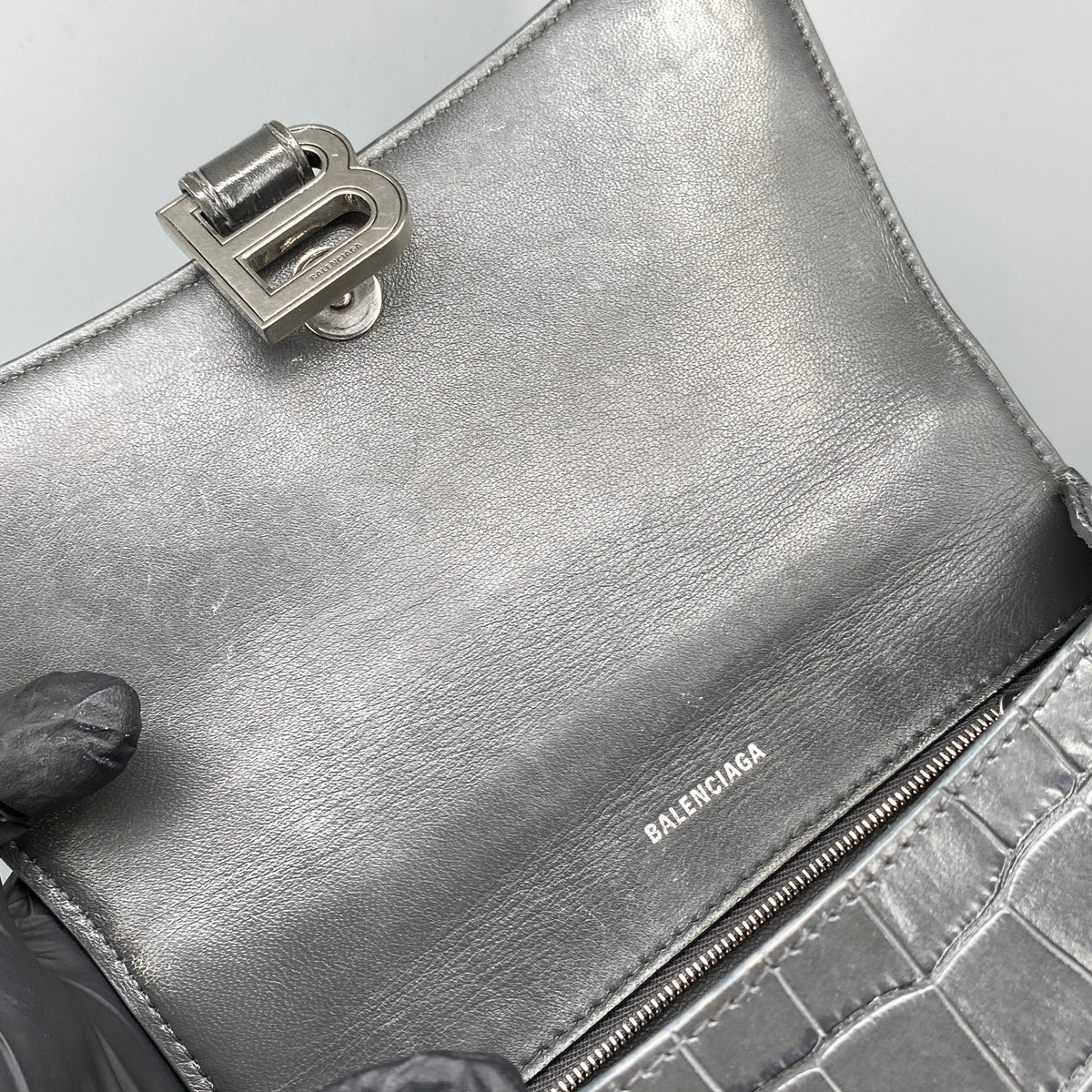 Balenciaga Dark Grey Croc Embossed Leather Hourglass Bag