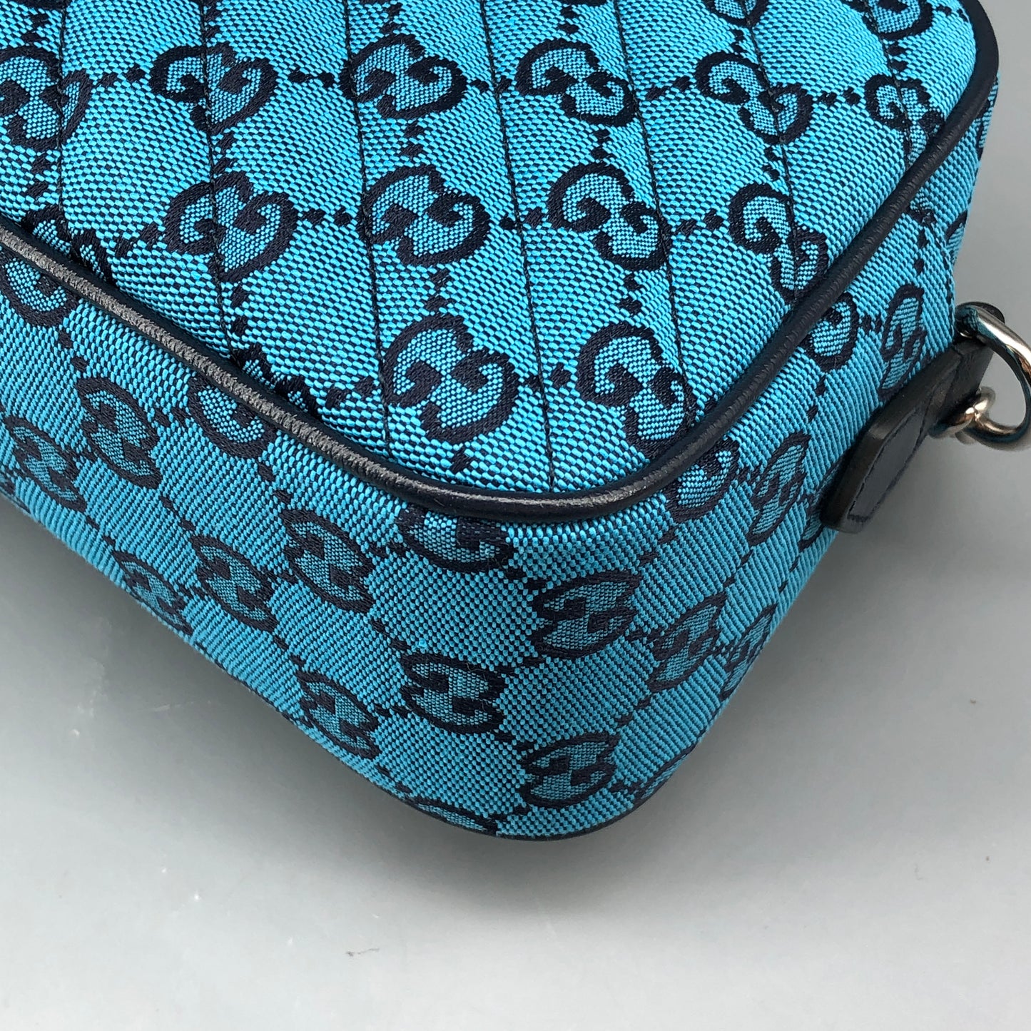 Gucci GG Marmont Small Camera Bag in Blue Diagonal Quilted Canvas
