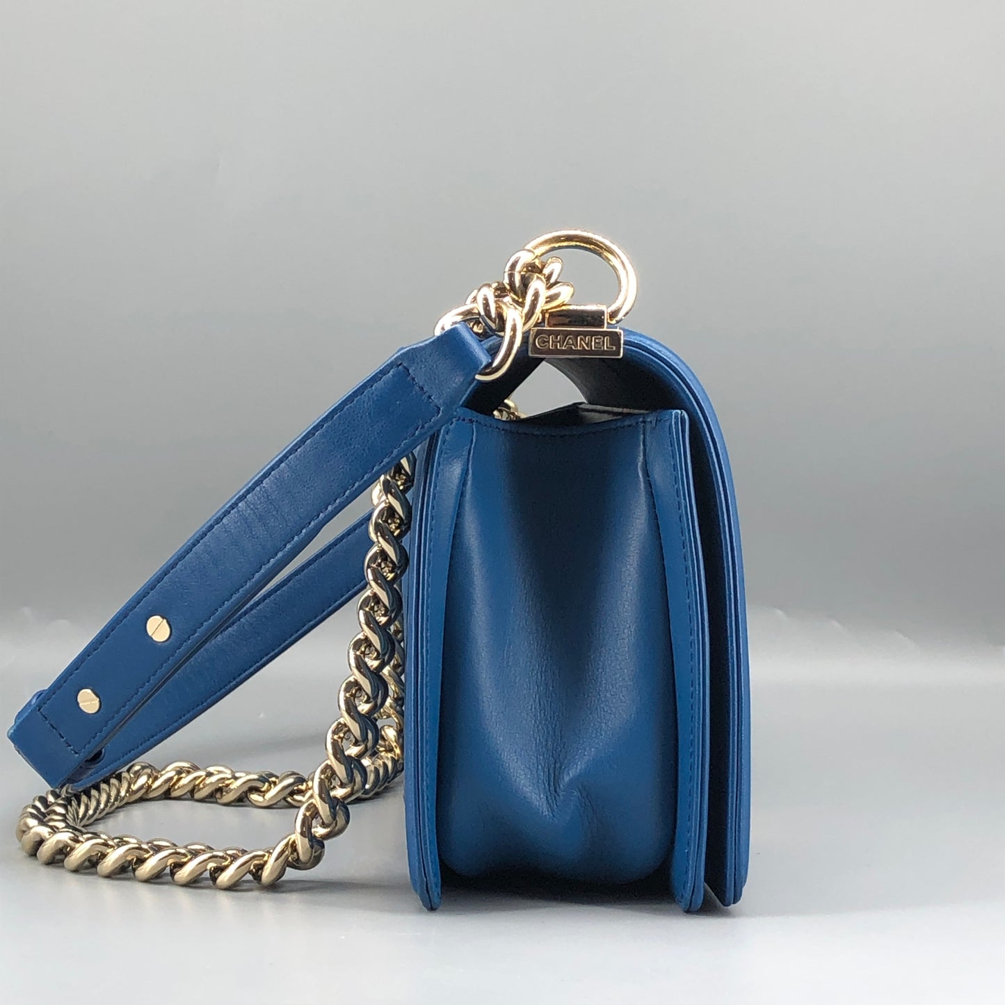 Chanel Boy Lambskin Leather Quilted Leather Chain Flap Bag Bright Blue