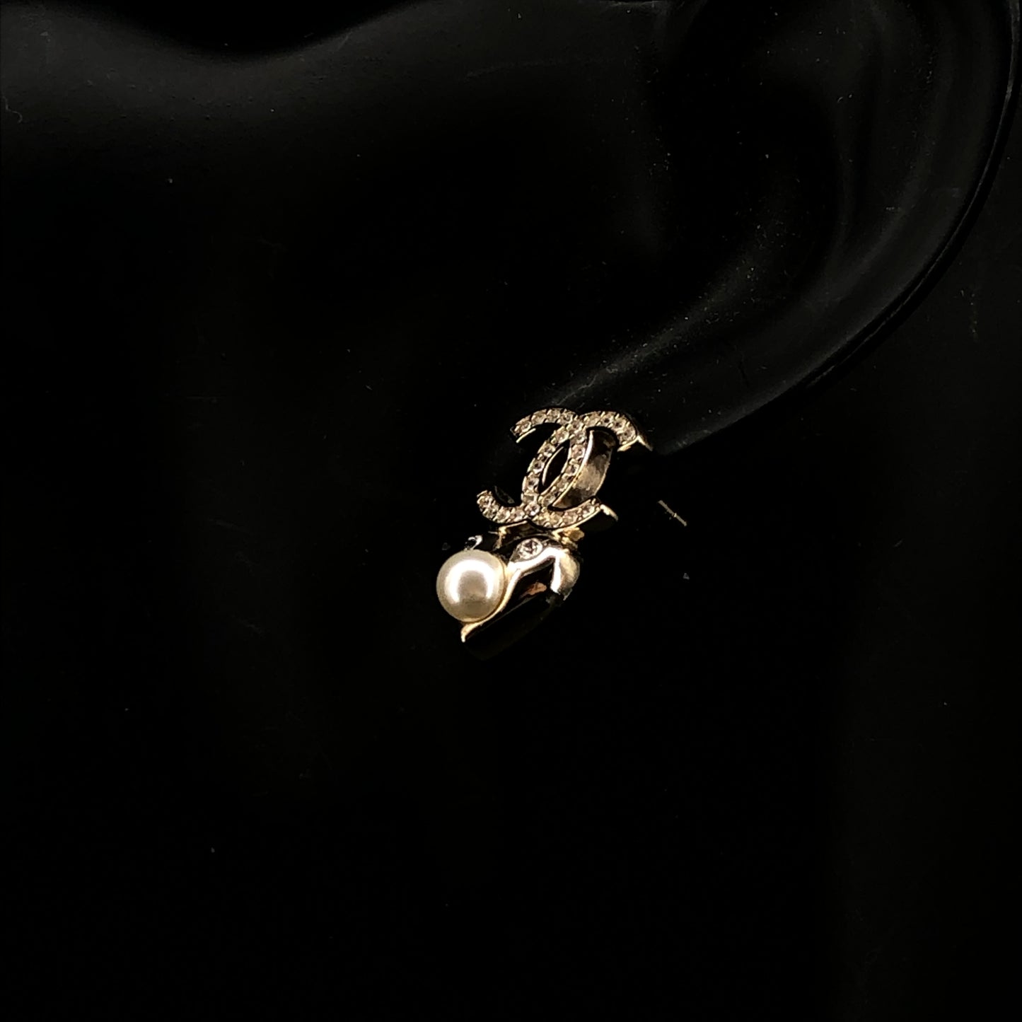 Chanel Crystal CC Logo Pearl Drop Earrings Gold Color