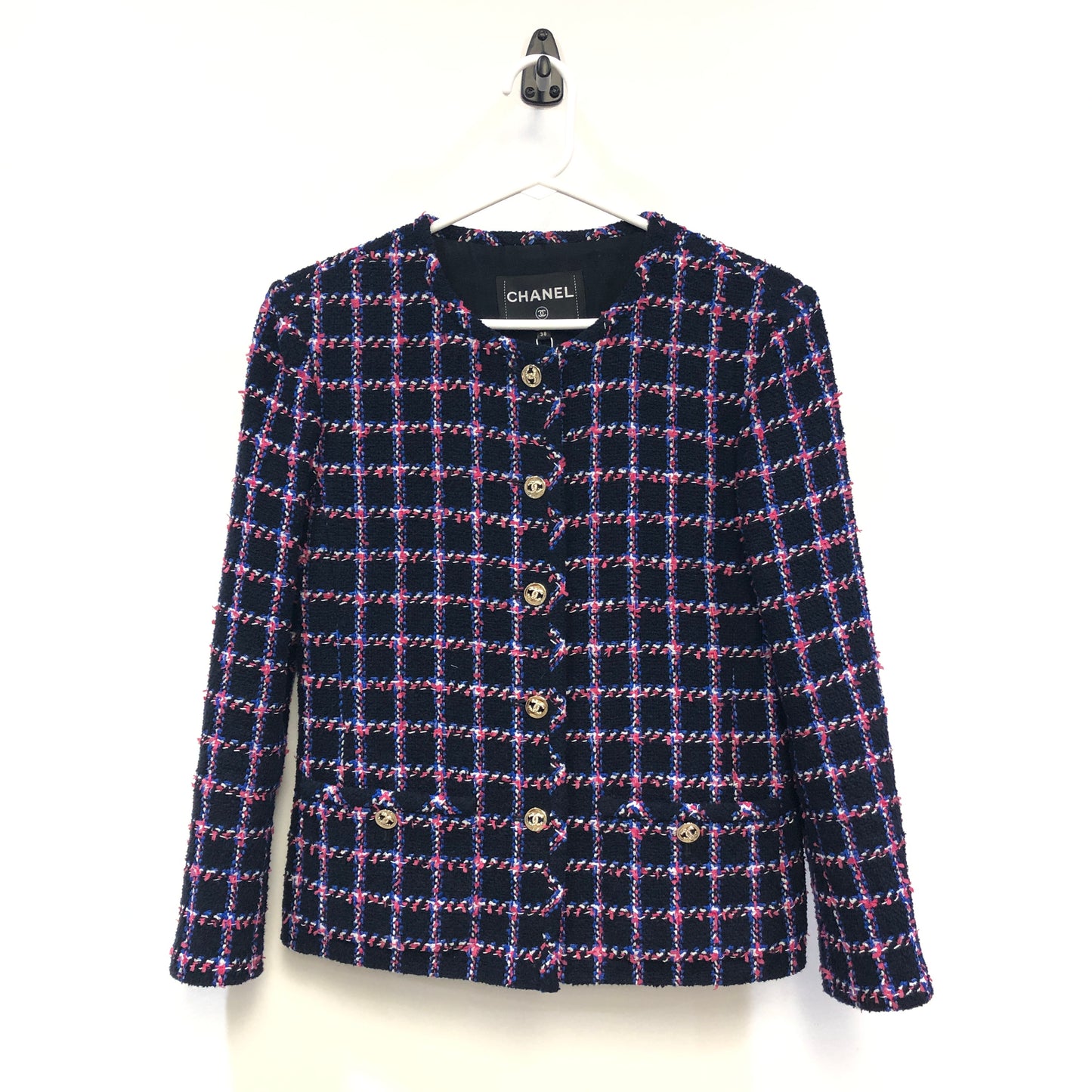 Chanel Black Multicolor Plaid Tweed Jacket, CC Metal Buttons Size 38