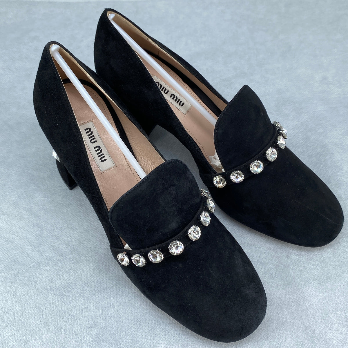 Miu Miu Black Suede Crystal Block Heel Women Shoes Size 36