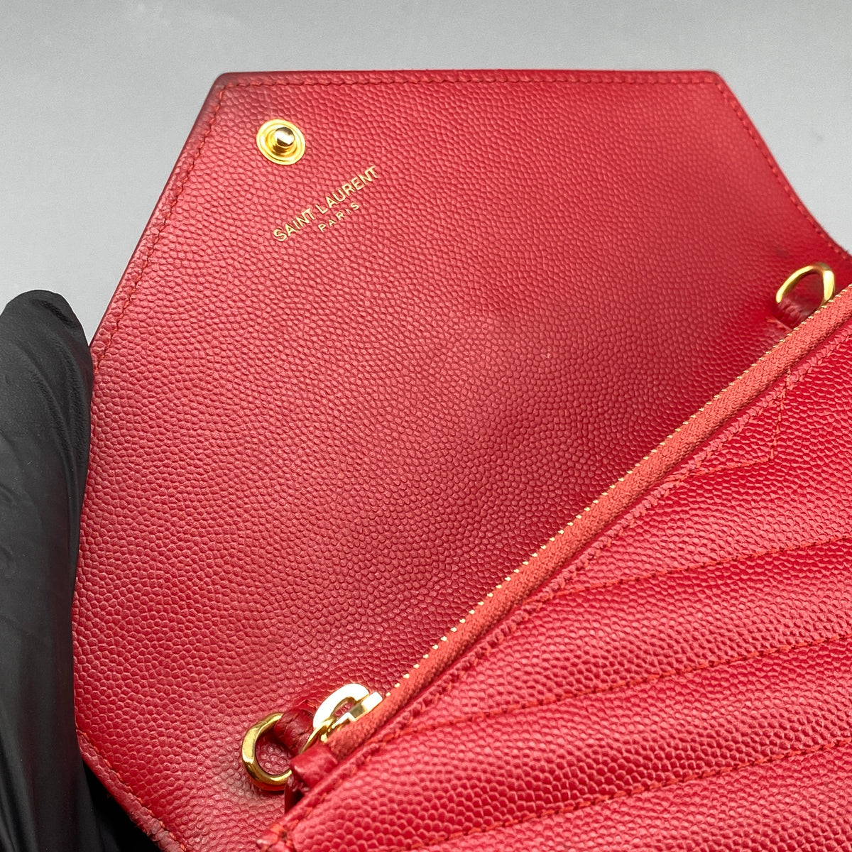 Saint Laurent Matelasse Chevron  Envelope Chain Wallet New Red