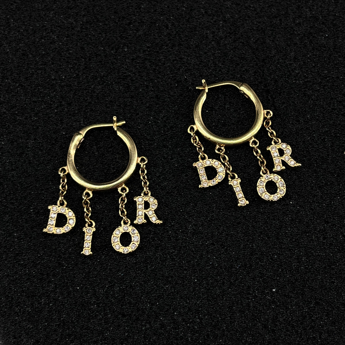 Christian Dior Gold Tone Crystal Letter Hoop Earrings
