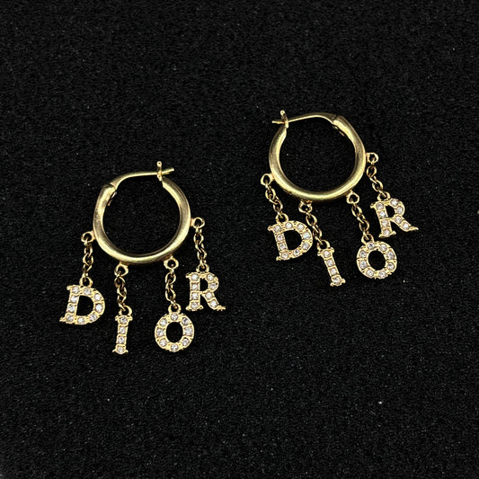 Christian Dior Gold Tone Crystal Letter Hoop Earrings