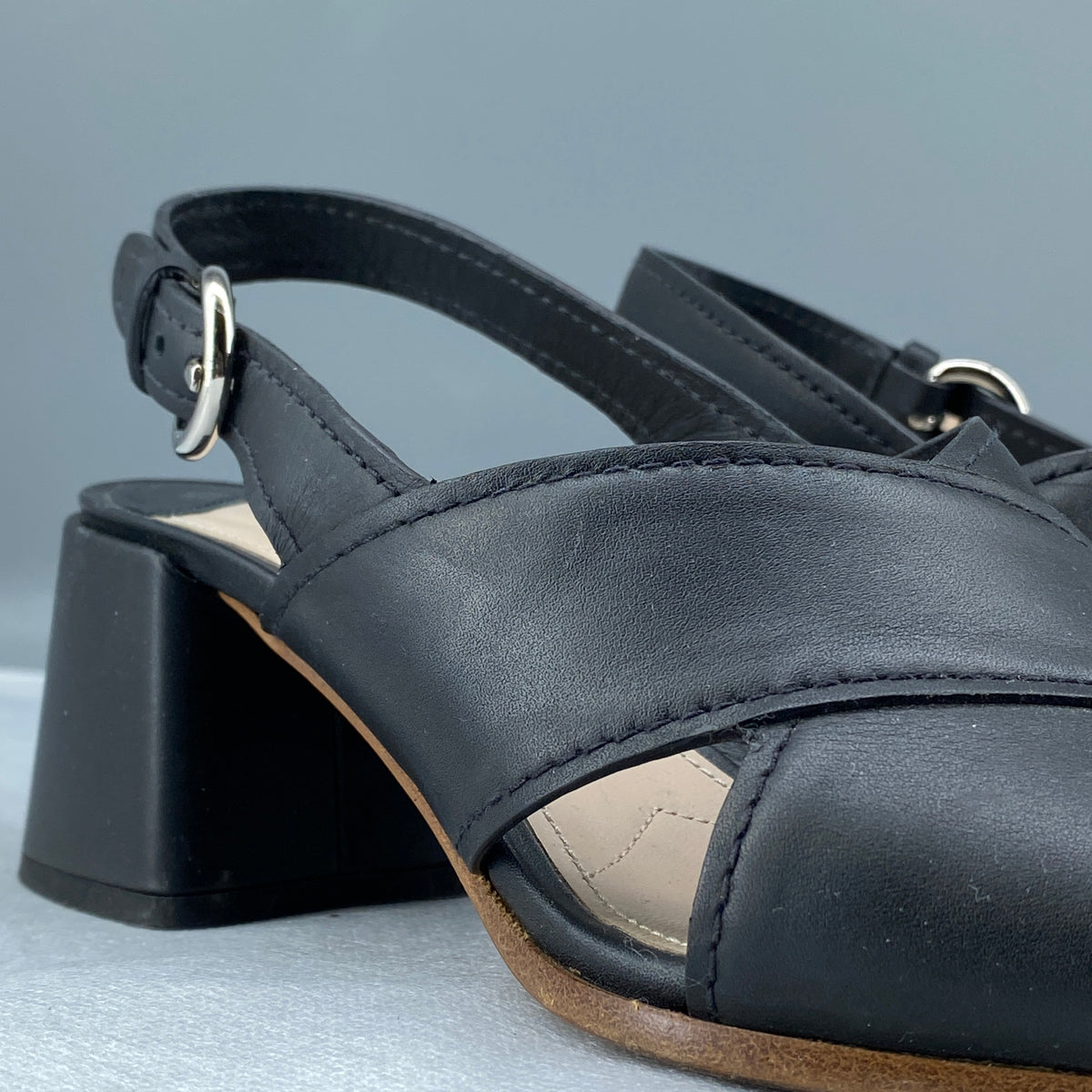 Prada Women's Black Leather Block Heel Slingback Sandal Size 35.5