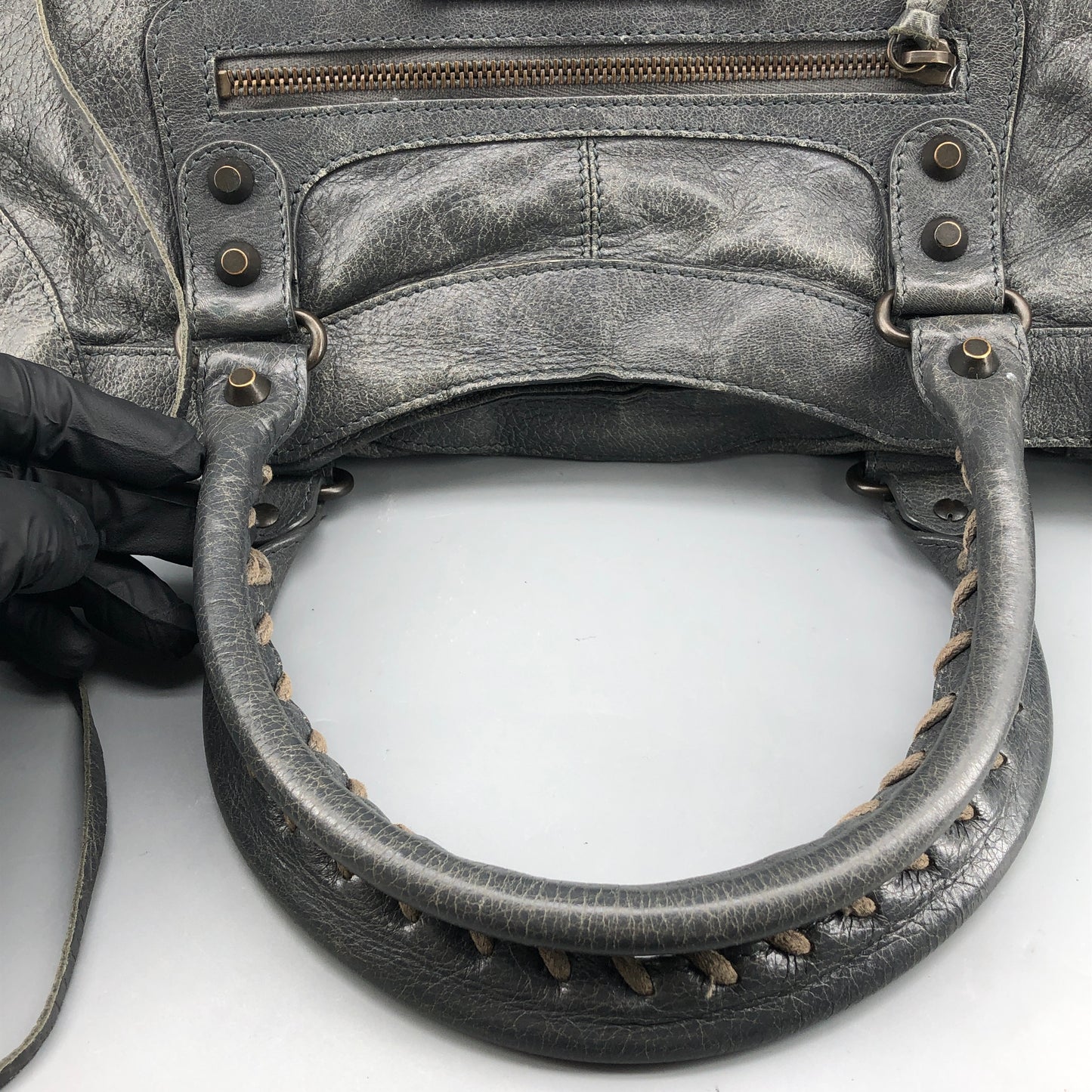 Balenciaga Classic City Distressed Leather Shoulder Handbag Grey