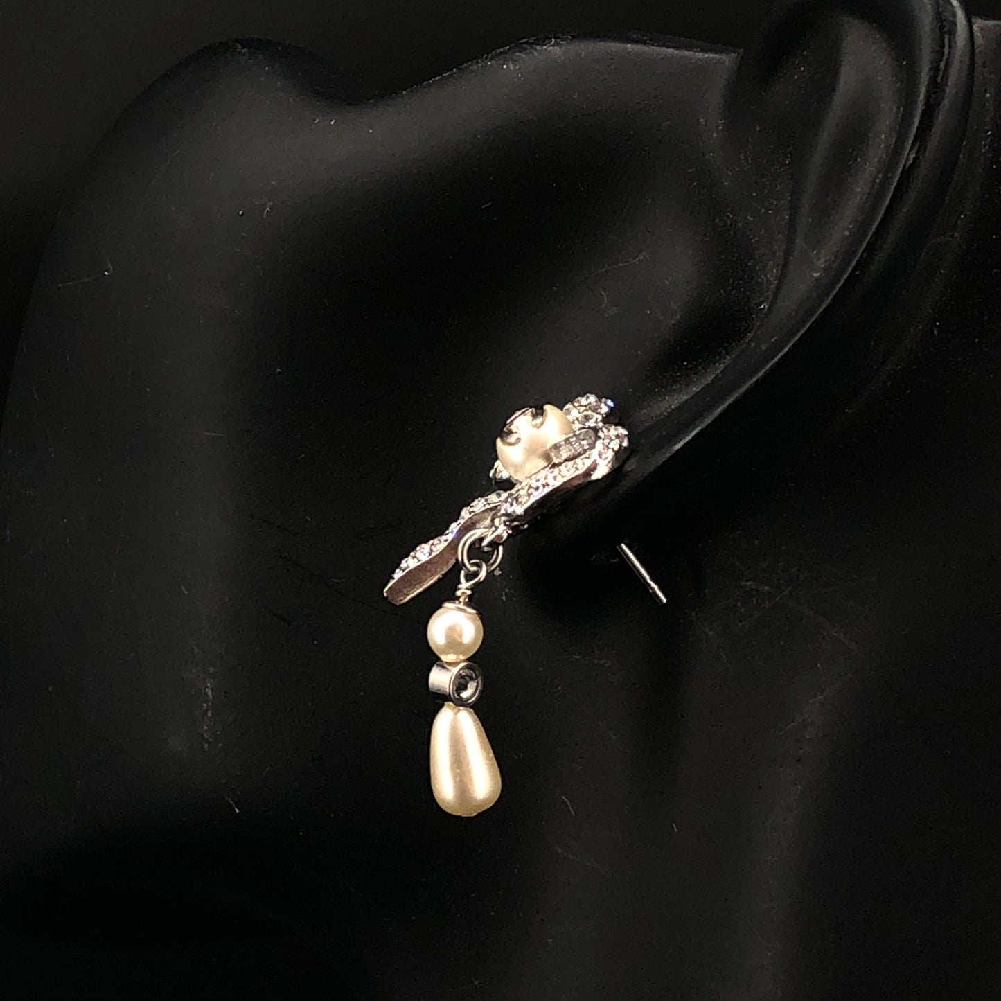 Chanel 2021 Silver-Tone Crystal & Pearl Bow Drop Earrings
