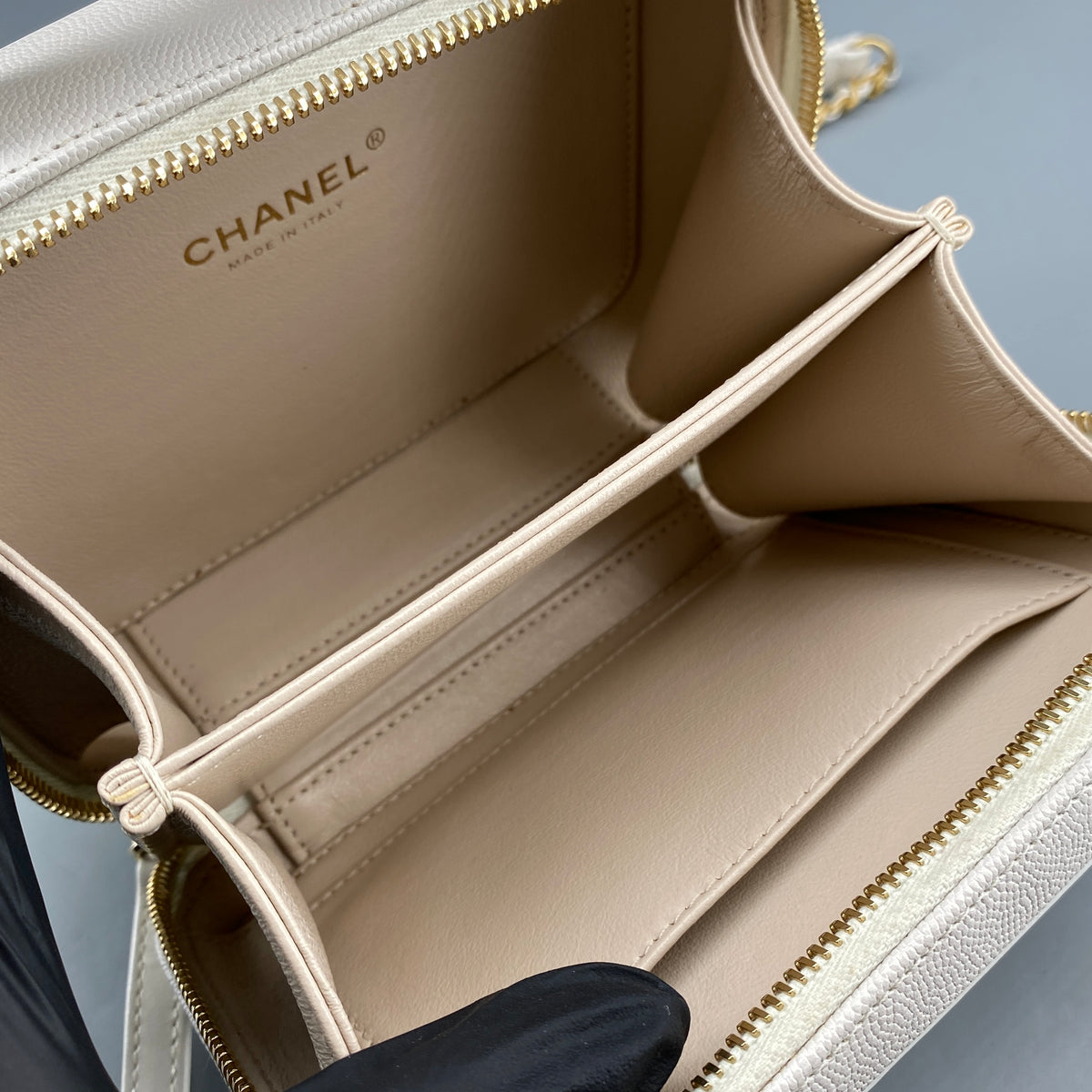 Chanel Caviar Quilted  CC Filigree Vanity Case White Crossbody Bag