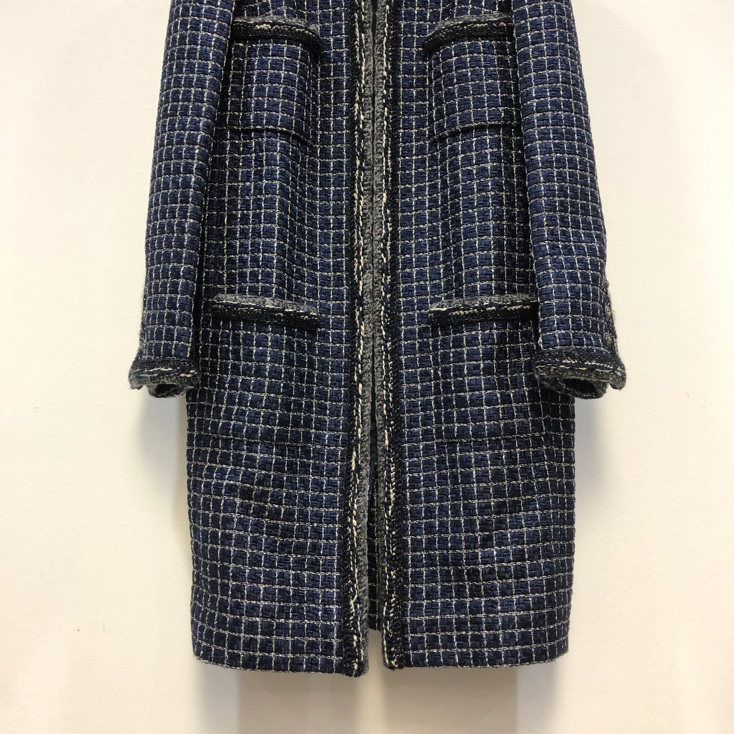 Chanel Tweed Coat Size 42 Navy Blue/White/Black/Grey/Silver