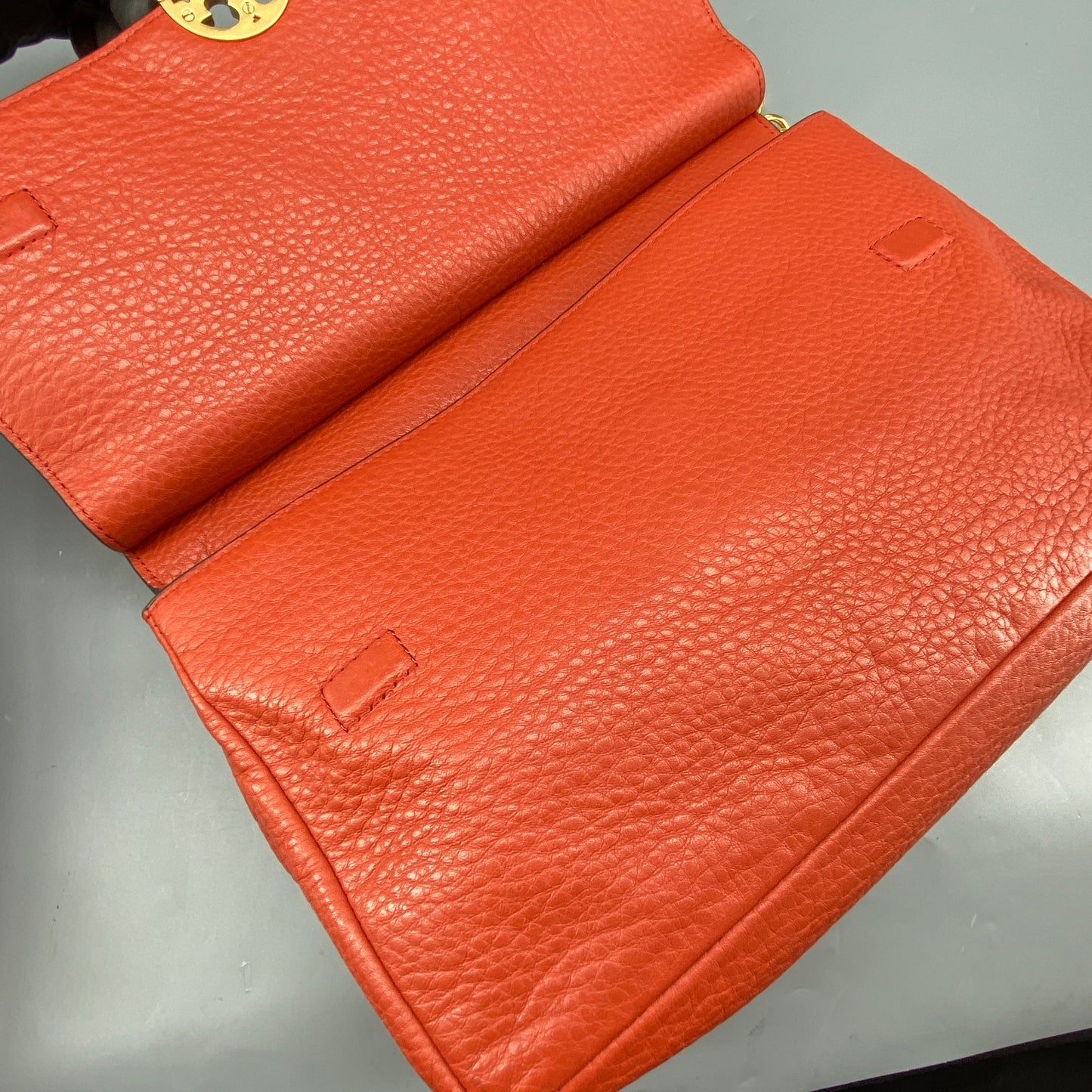 Tory Burch Orange Pebbled Leather Double T Logo Flap Chain Shoulder Bag