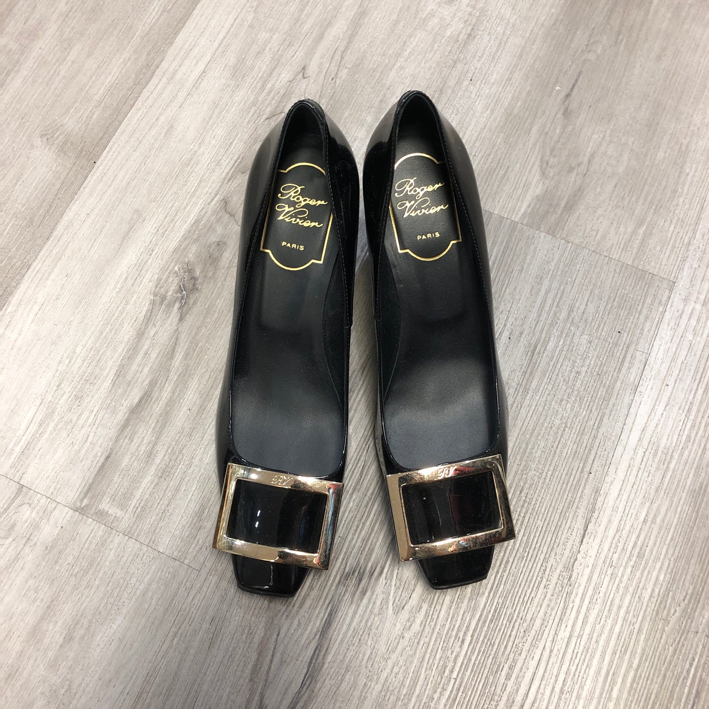 Roger Vivier Patent Leather Square Buckle Block Heel Pumps Shoes 36.5 Black