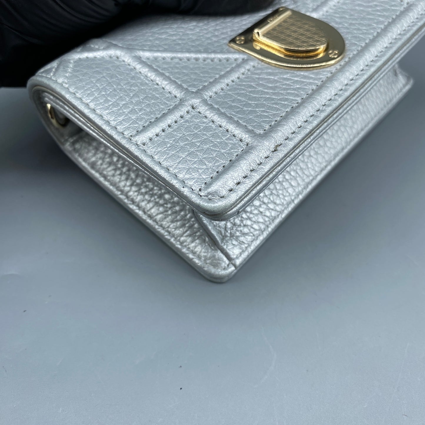 Christian Dior Mini Silver Metallic Pebbled Leather Shield Logo WOC Crossbody Bag