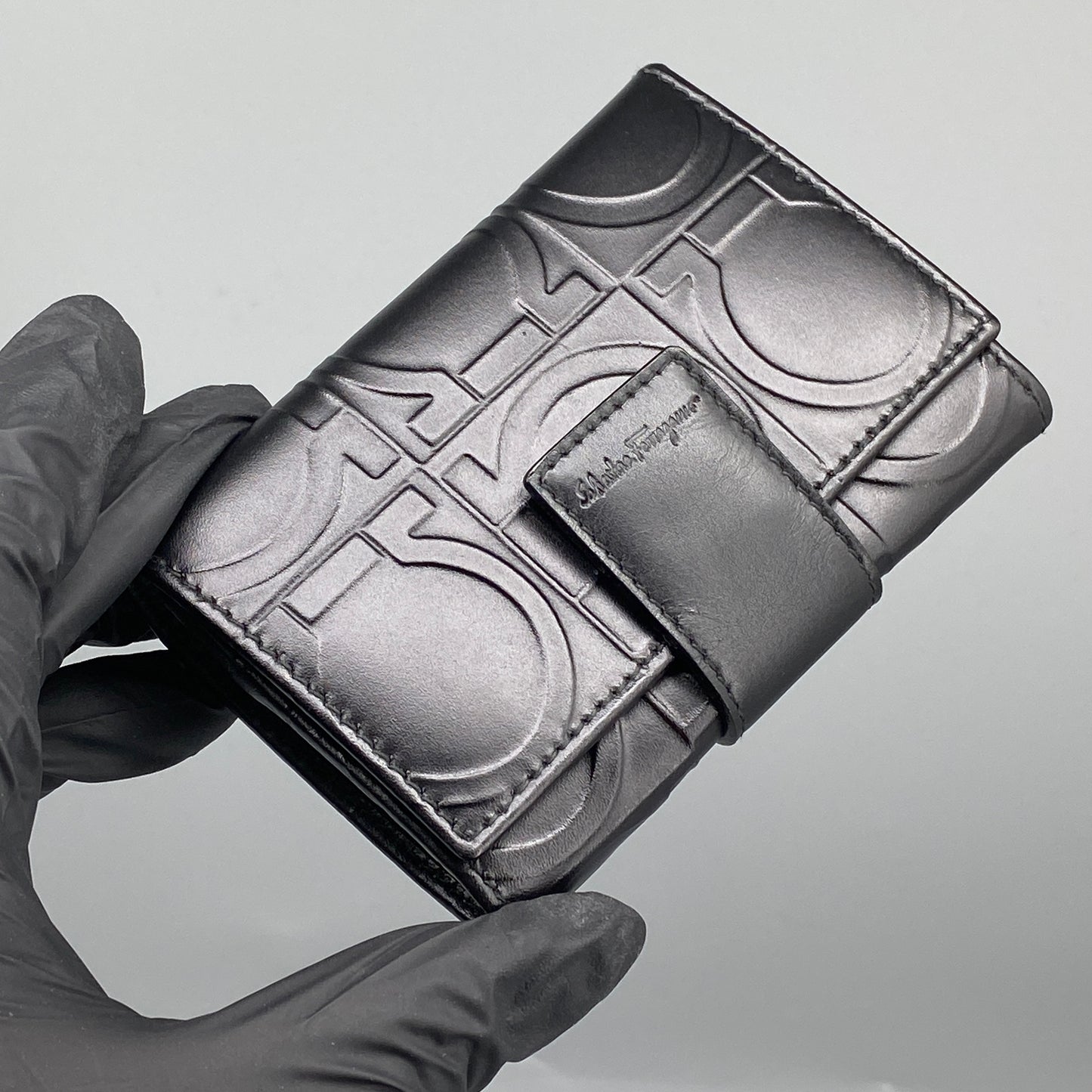 Ferragamo Black Embossed Gancini Short Wallet with Keyring