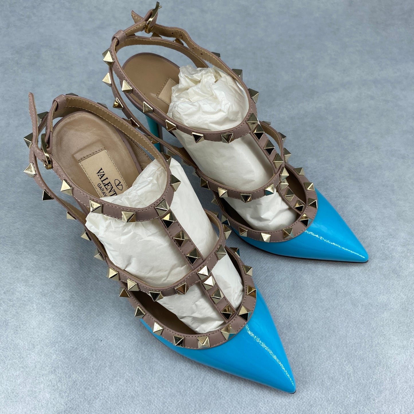 Valentino Women’s Light Blue Rockstud Pointed Toe High Heels Shoes