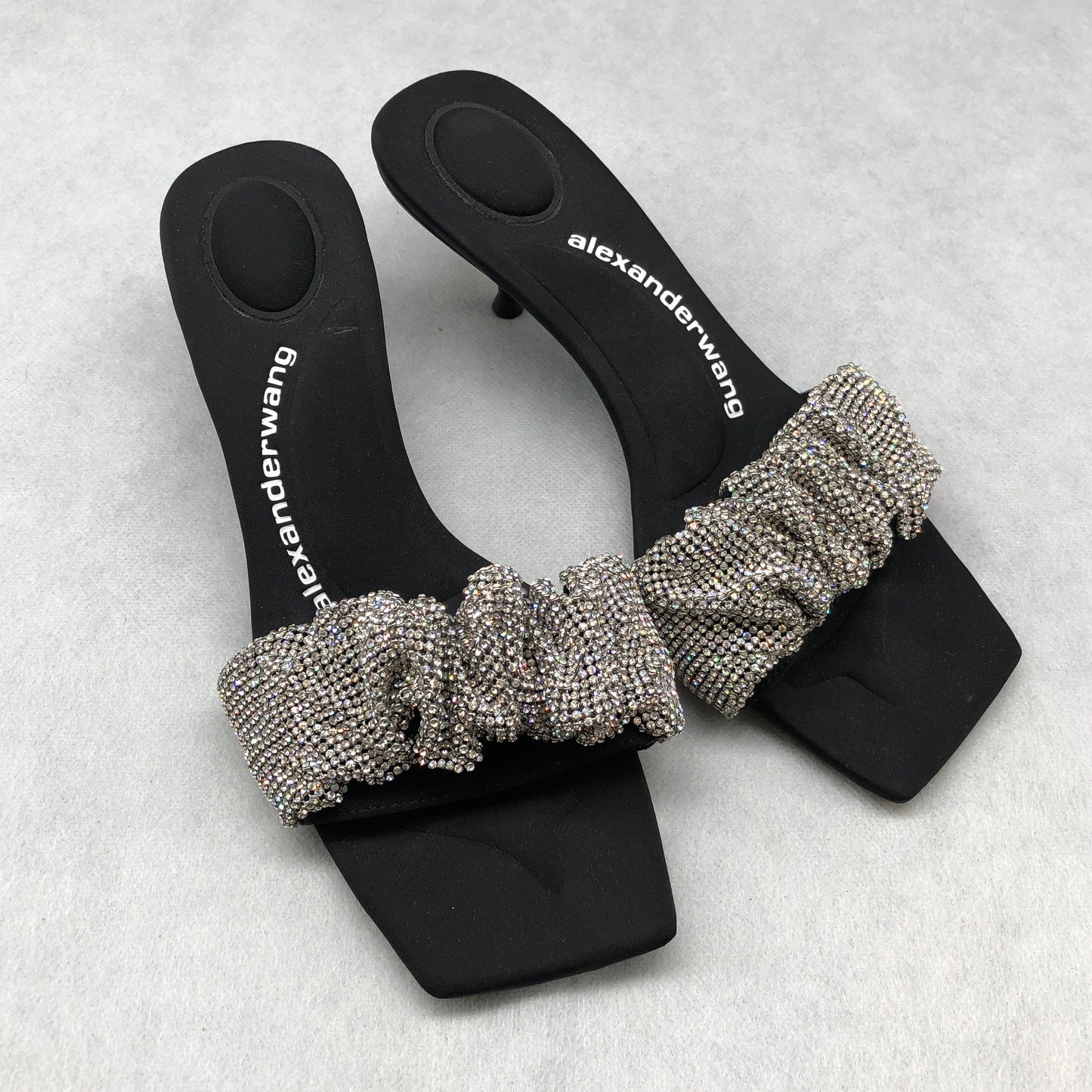 Alexander Wang Black Crystal Ruched Strap Mule Sandals Size 36
