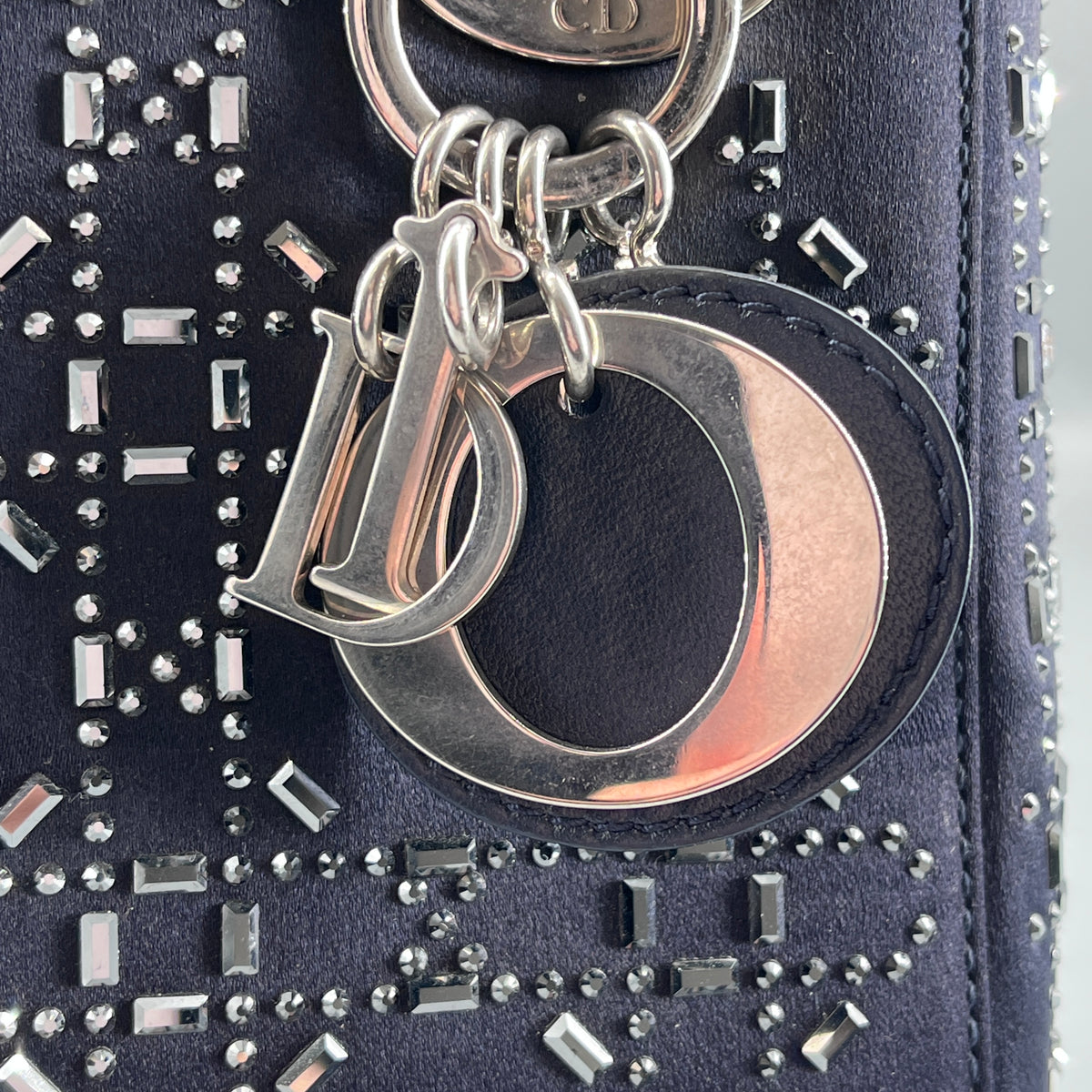 Christian Dior Navy Blue Satin Beaded Lady Dior Handbag