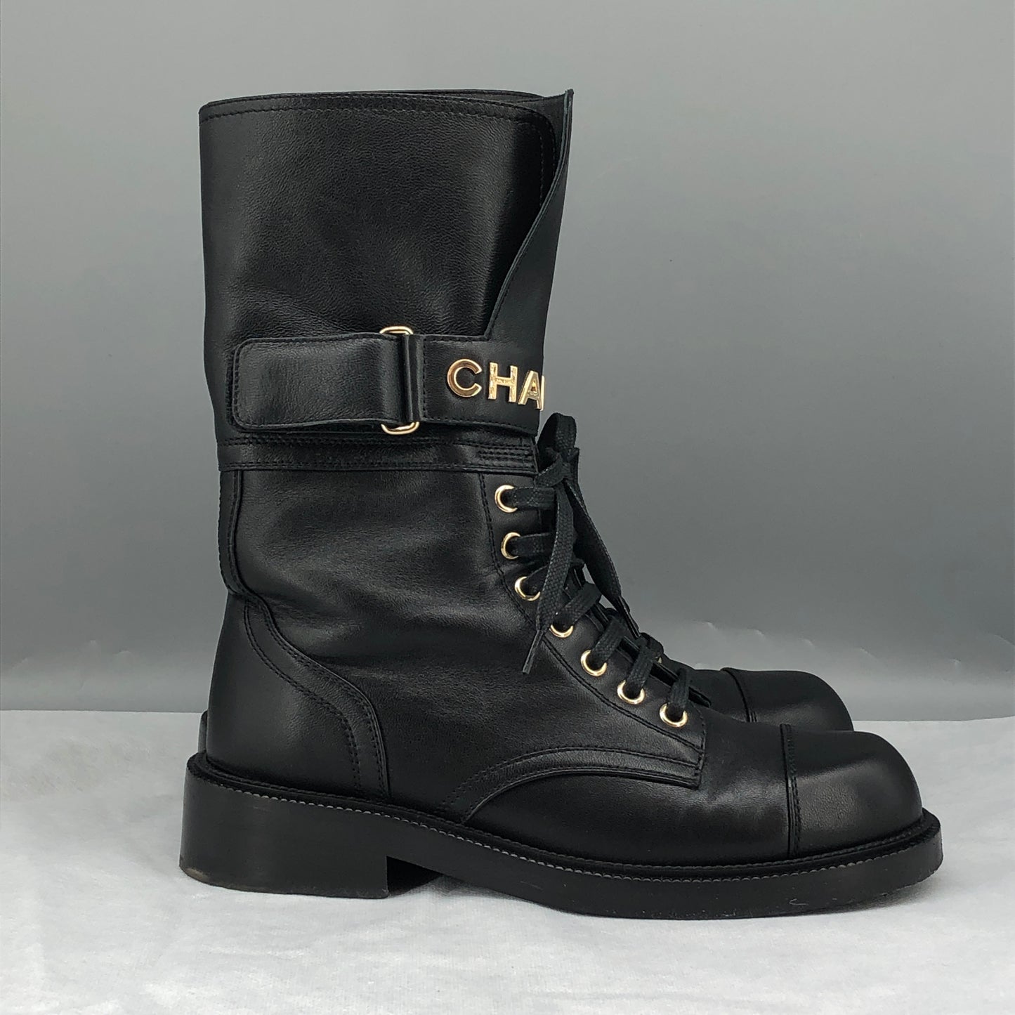 Chanel Women's Leather Lace-Up Mid Calf Boots Size 37 Black