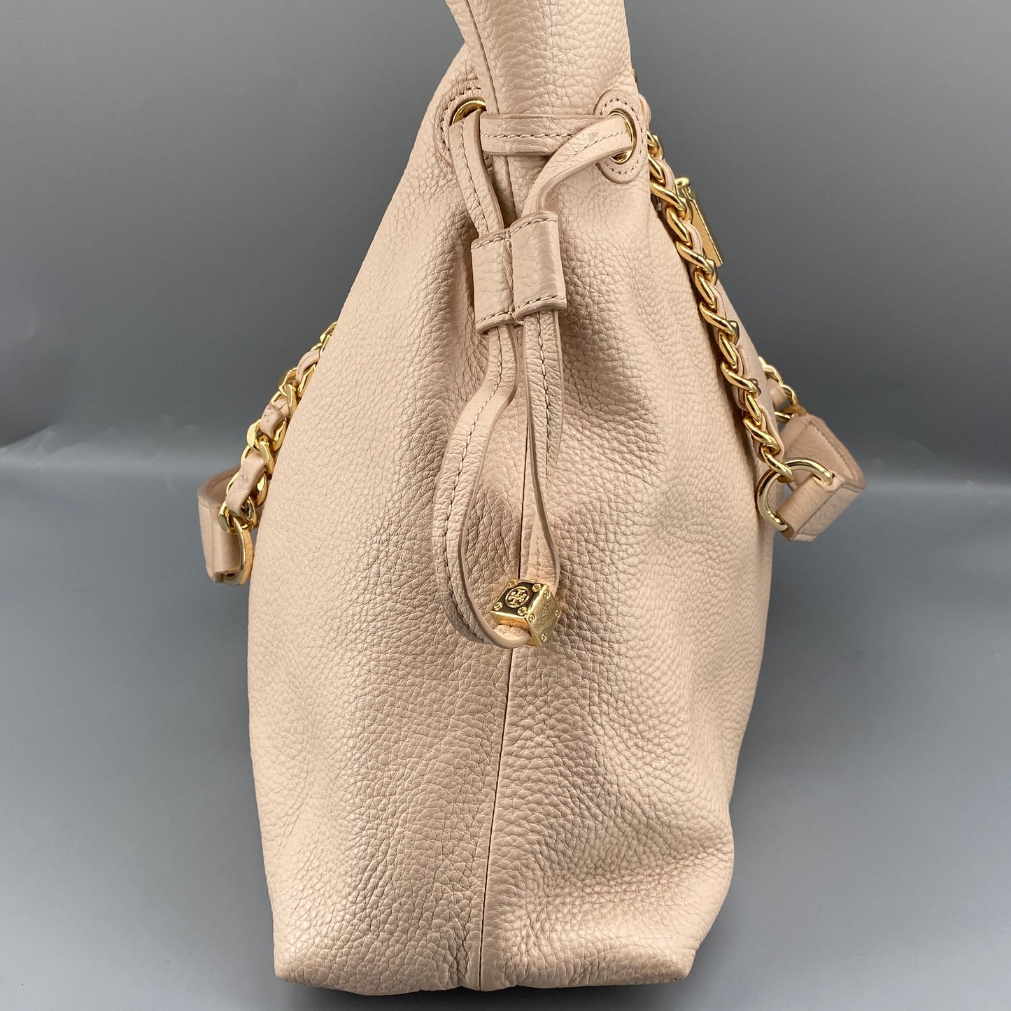 Tory Burch Nude Pebbled Leather Chain Shoulder Tote Bag