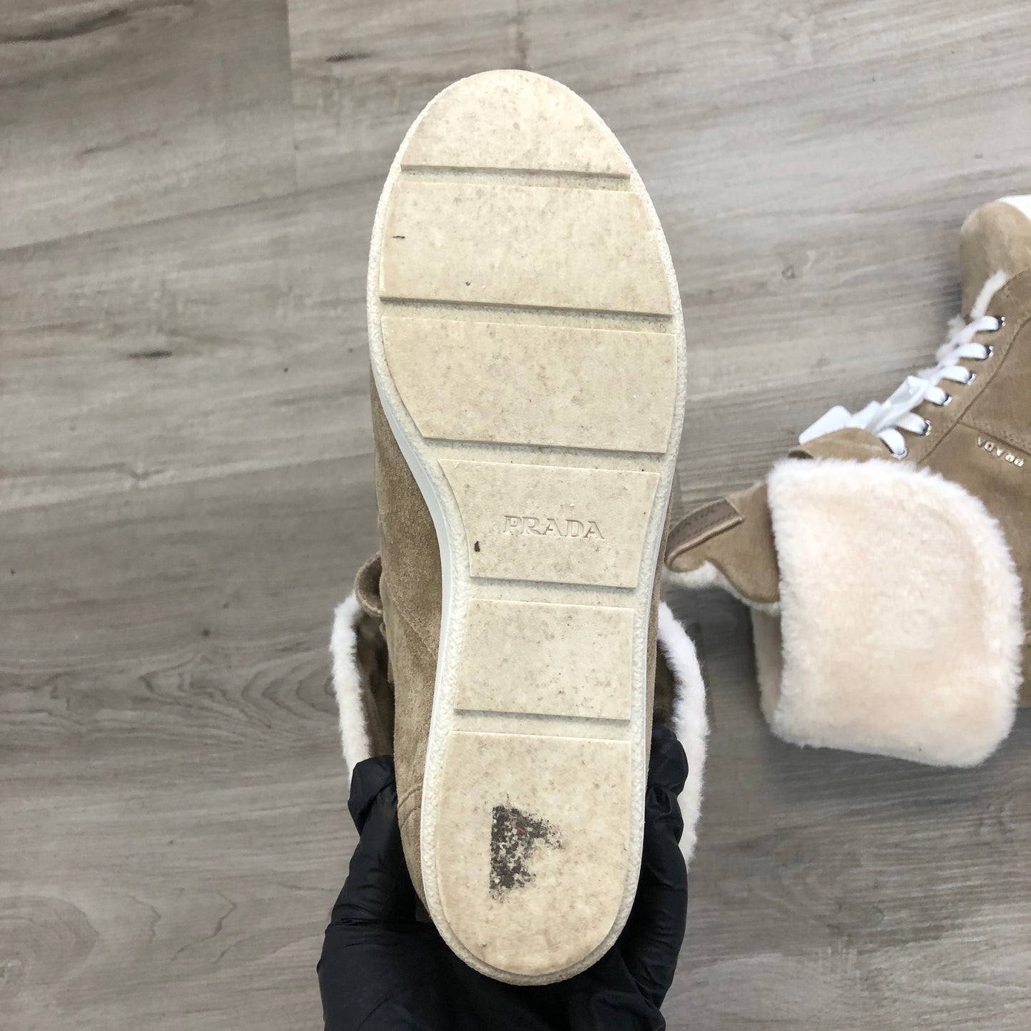 Prada Women's Shearling Lined Suede High Top Wedge Sneaker Boots 37 Beige White