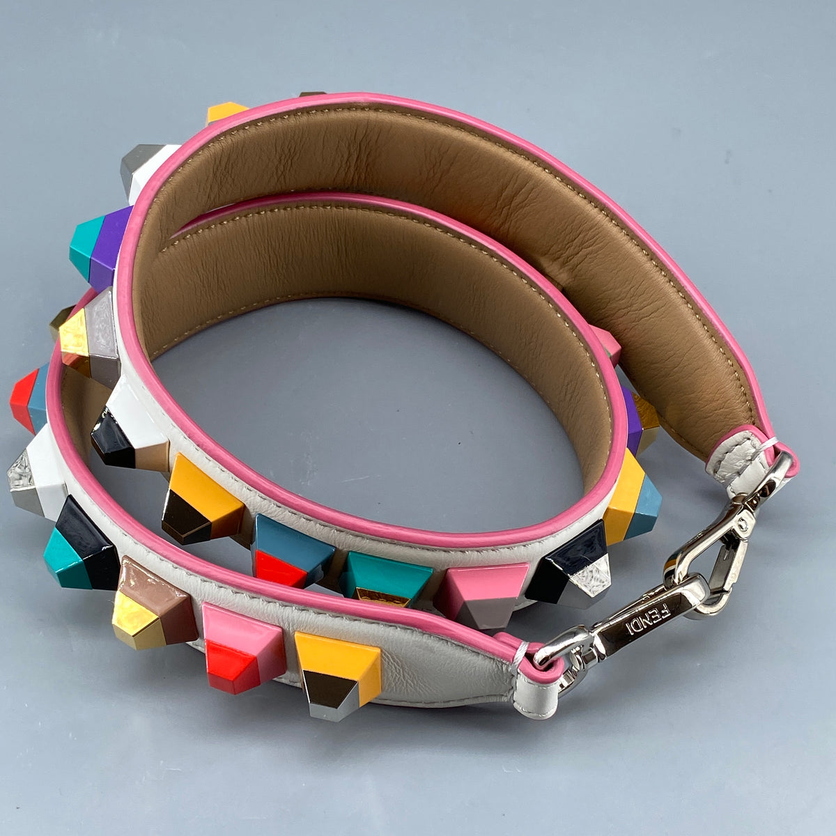 FENDI White Leather and Multicolor Plexiglas Studs Strap You Shoulder Strap