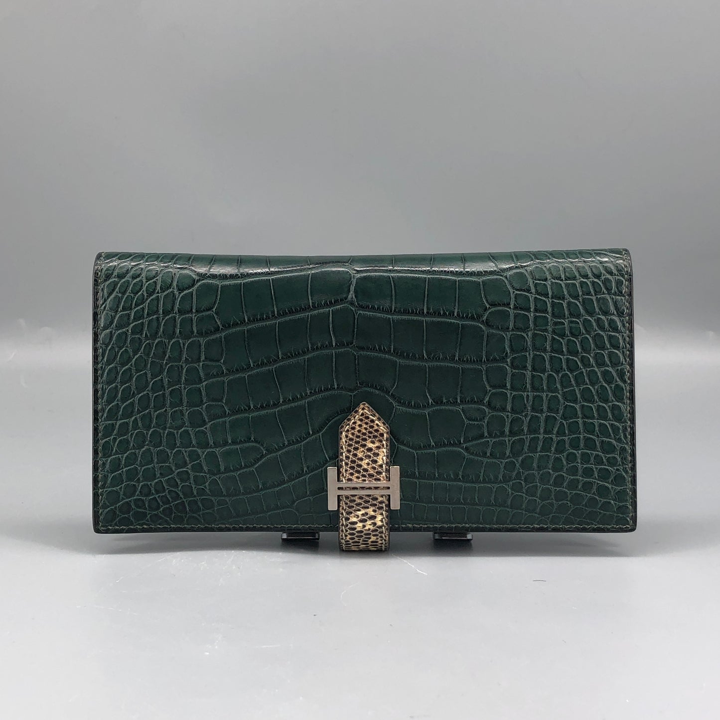Hermes Dark Green Bearn Wallet Alligator Mix Lizard Leather
