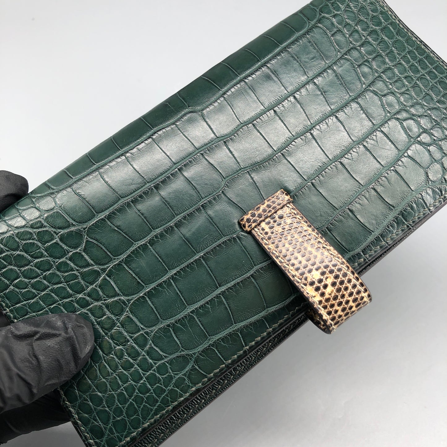 Hermes Dark Green Bearn Wallet Alligator Mix Lizard Leather