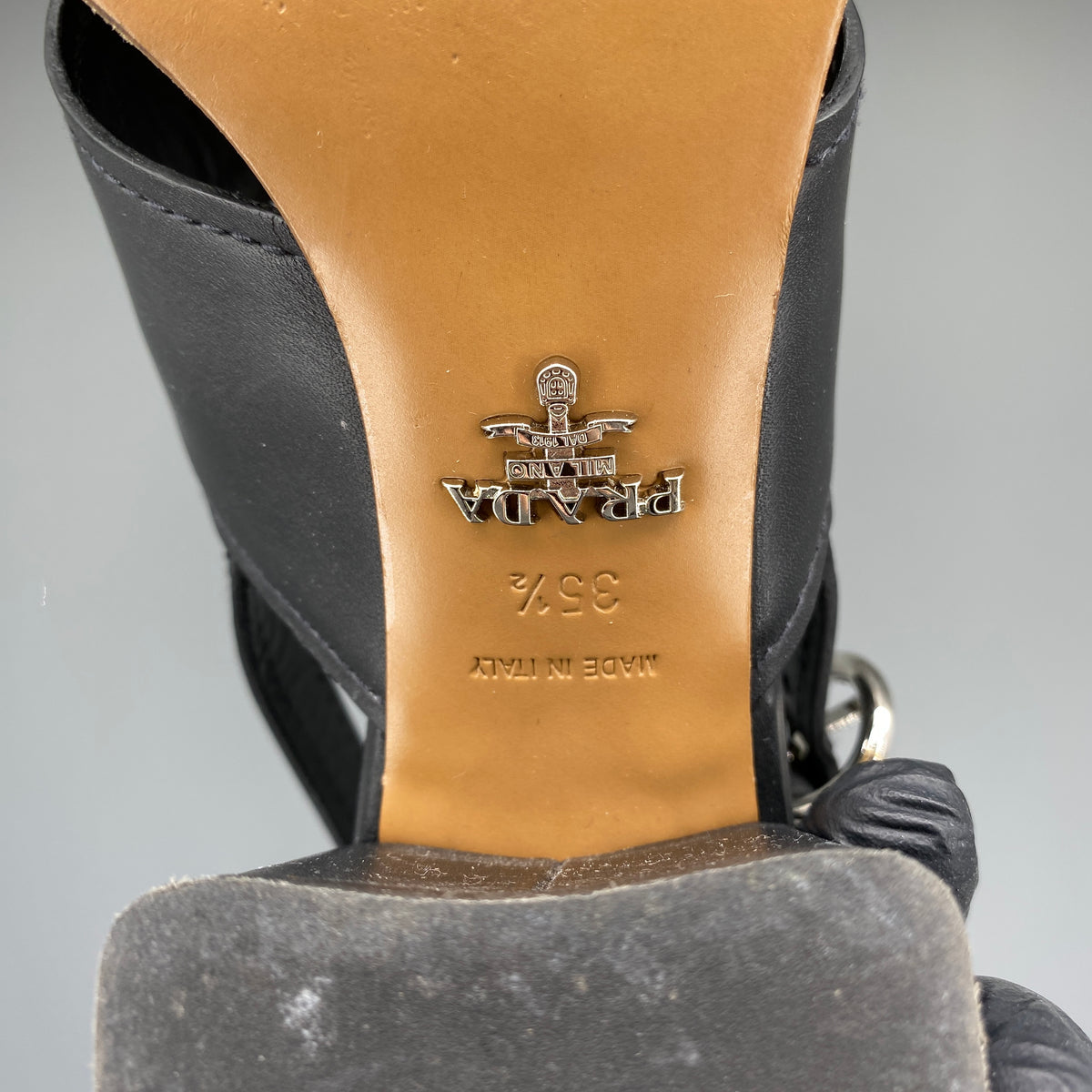 Prada Women's Black Leather Block Heel Slingback Sandal Size 35.5