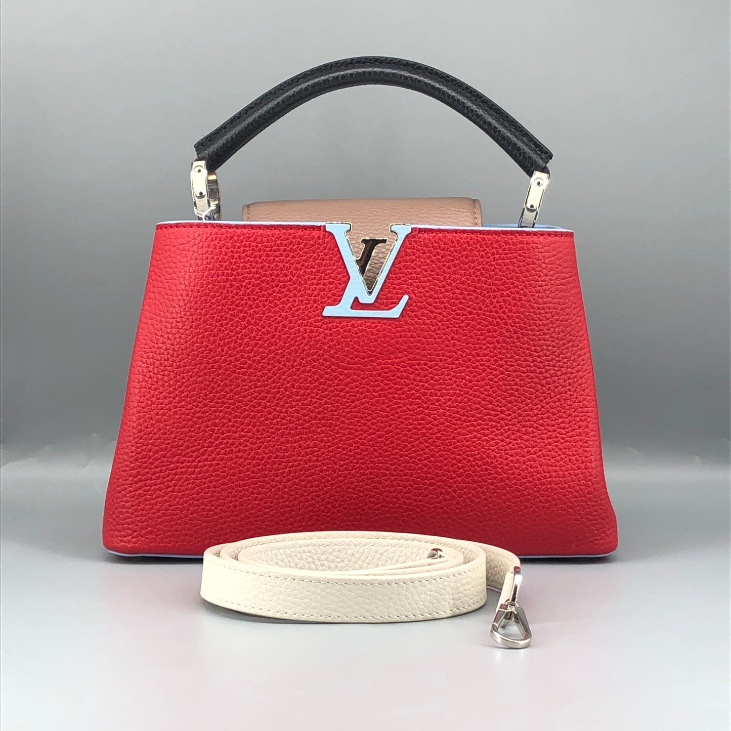 Louis Vuitton Capucines PM Taurillon Leather Handbag Red Light Blue Two-Tone
