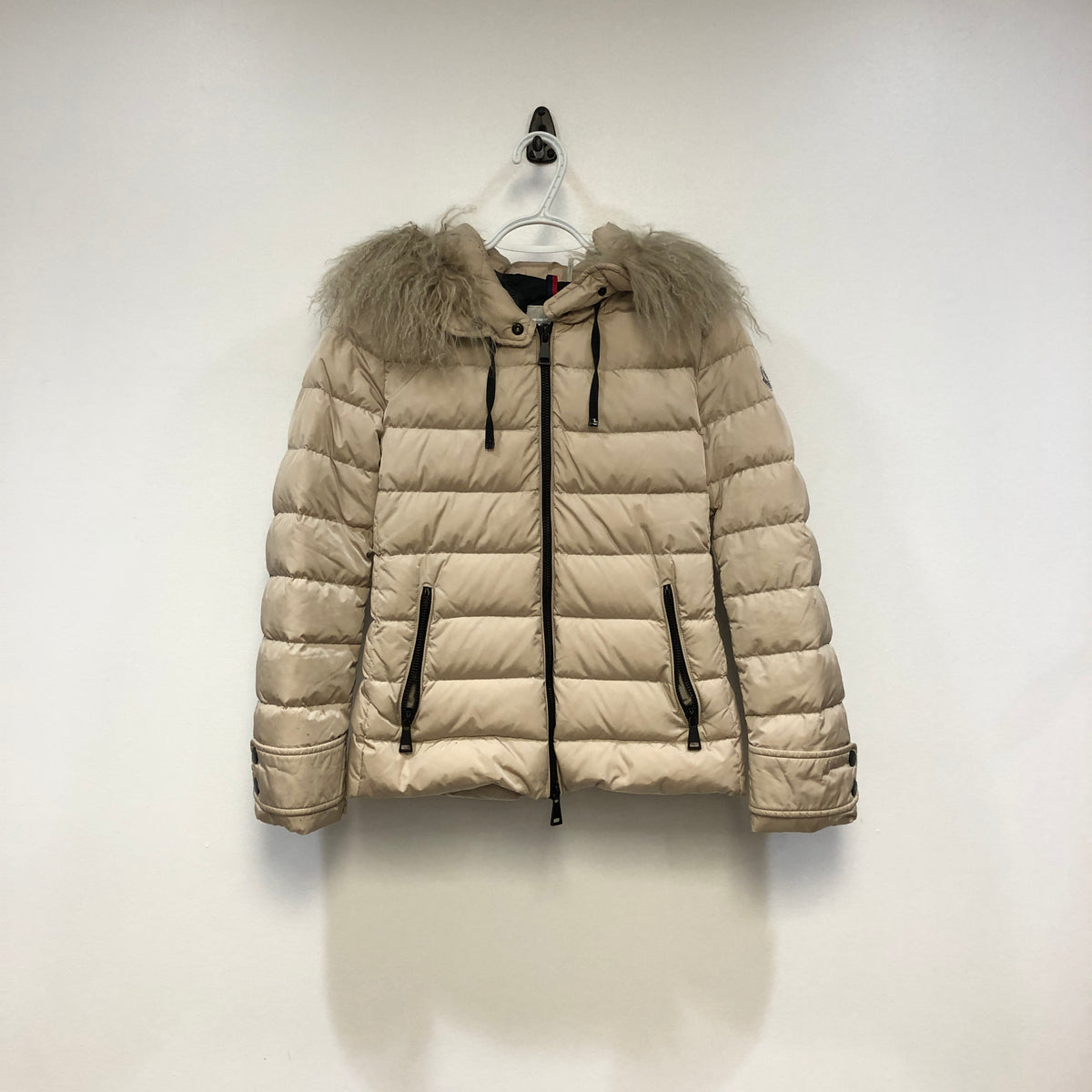 Moncler Beige Fur Hood Down Puffer Jacket Size 1