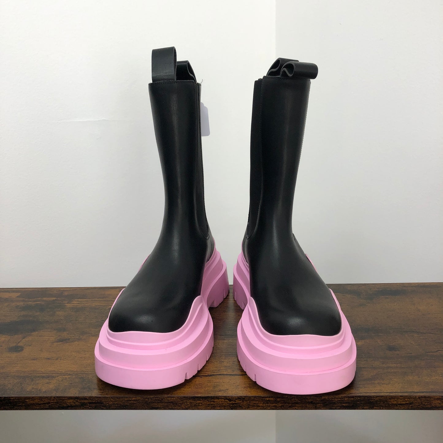 Bottega Veneta Two-Tone Rubber Tire Mid-Calf Rain Boots 36 Black Pink