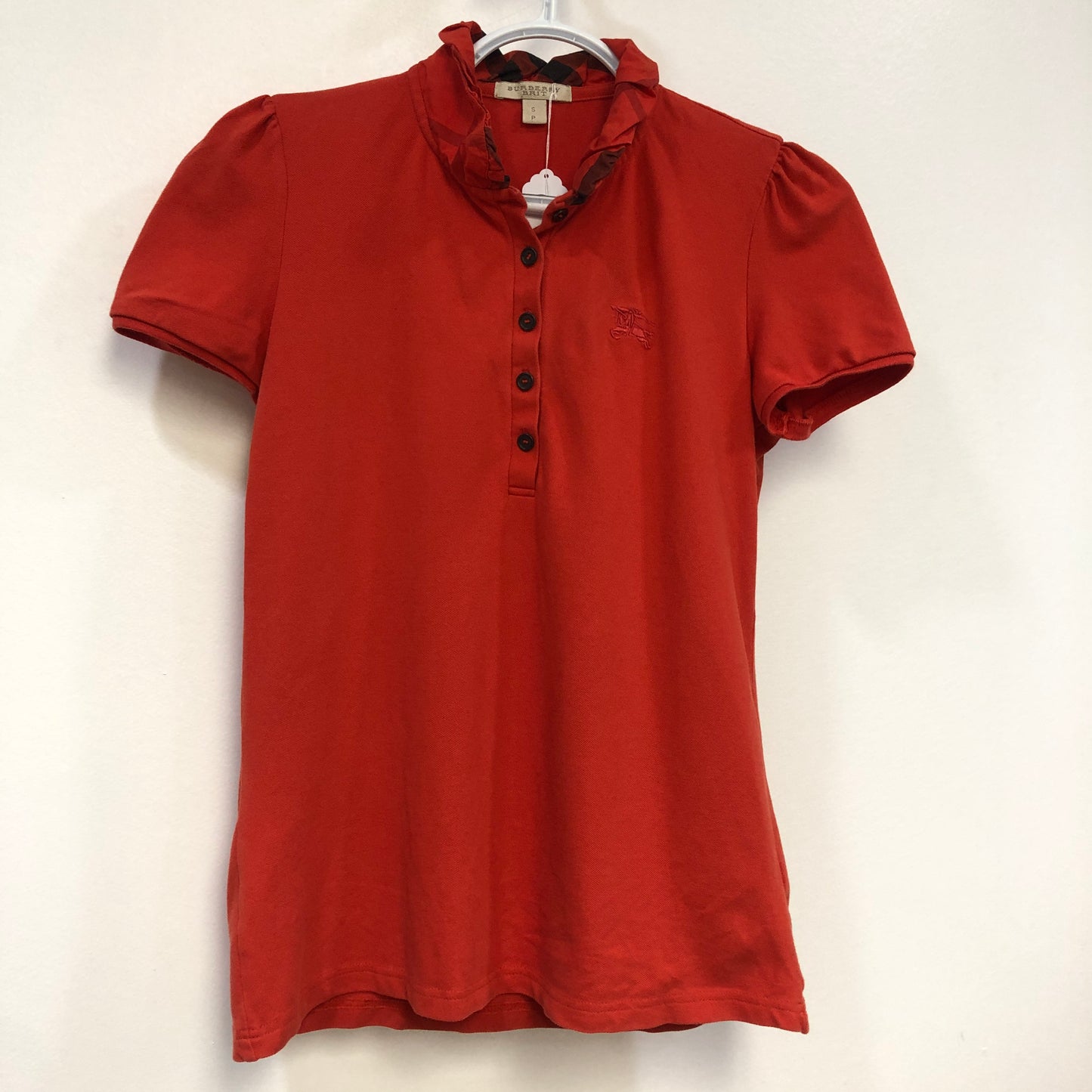 Burberry Red Ruffle Collar Puff Short Sleeve Polo Top Size S