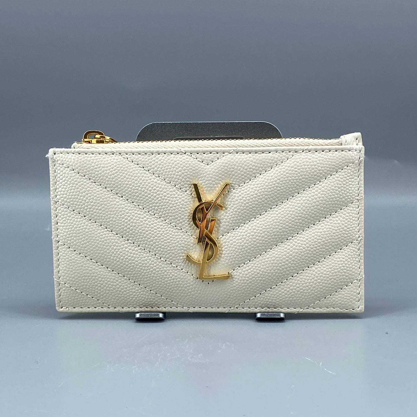 Saint Laurent Cream Grain Leather Quilted Zip Card Holder Wallet